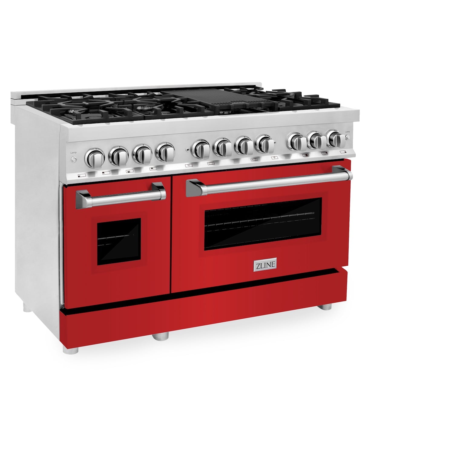 ZLINE 48-inch 6.0 cu. ft. Dual Fuel Range - 7 Burner Gas Cooktop & 2 Electric Ovens - Stainless Steel with Red Matte Doors (RA RM 48) - Perfect for Professional Home Kitchens & Modern Cooking Enthusiasts