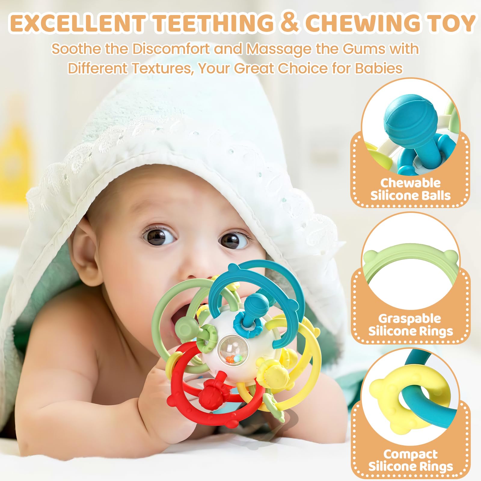 Orzbow Baby Rattle & Sensory Teething Toys for Infants 3-12 Months - Montessori Teether for Soothing Gums, Educational Chew Toy for Toddlers to Stimulate Development - Perfect for Playtime, Travel & Early Learning Activities