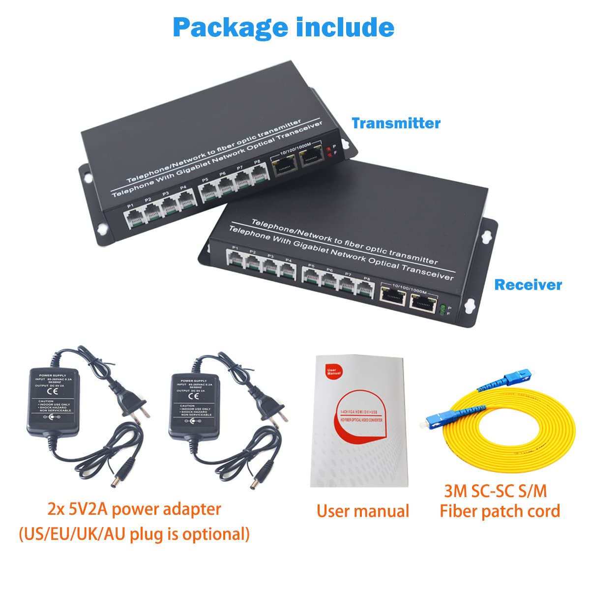 2 Port POTS RJ11 Telephone & 2 Gigabit Ethernet Fiber Optic Converter Extender Kit - 20Km Singlemode/500m Multimode - PCM Voice Over Fiber for Business VoIP & Security Systems