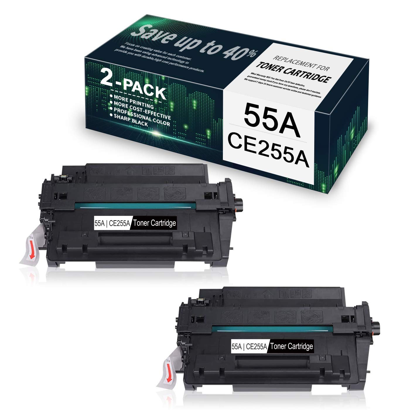 2-Pack Black 55A/CE255A Compatible Toner Cartridge Replacement for HP LaserJet P3015 Series & M521/M525 Series Printers - High Yield Printing for Office & Business Use