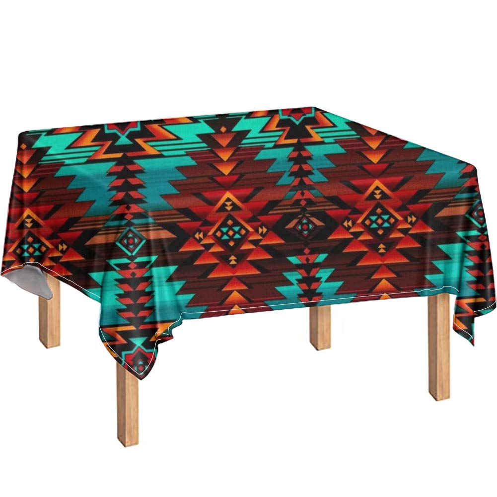 Turquoise Native American Tribal Style Outdoor Rectangle Tablecloth – Washable Polyester Table Cover for Square Tables (52