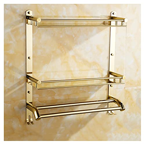 2-Tier Floating Copper Shower Shelf - Wall Mounted Adjustable Shower Caddy with Towel Rack & Hooks - Golden Bathroom Storage Basket for Shampoo, Soap & Towels - Perfect for Small Bathroom Organization