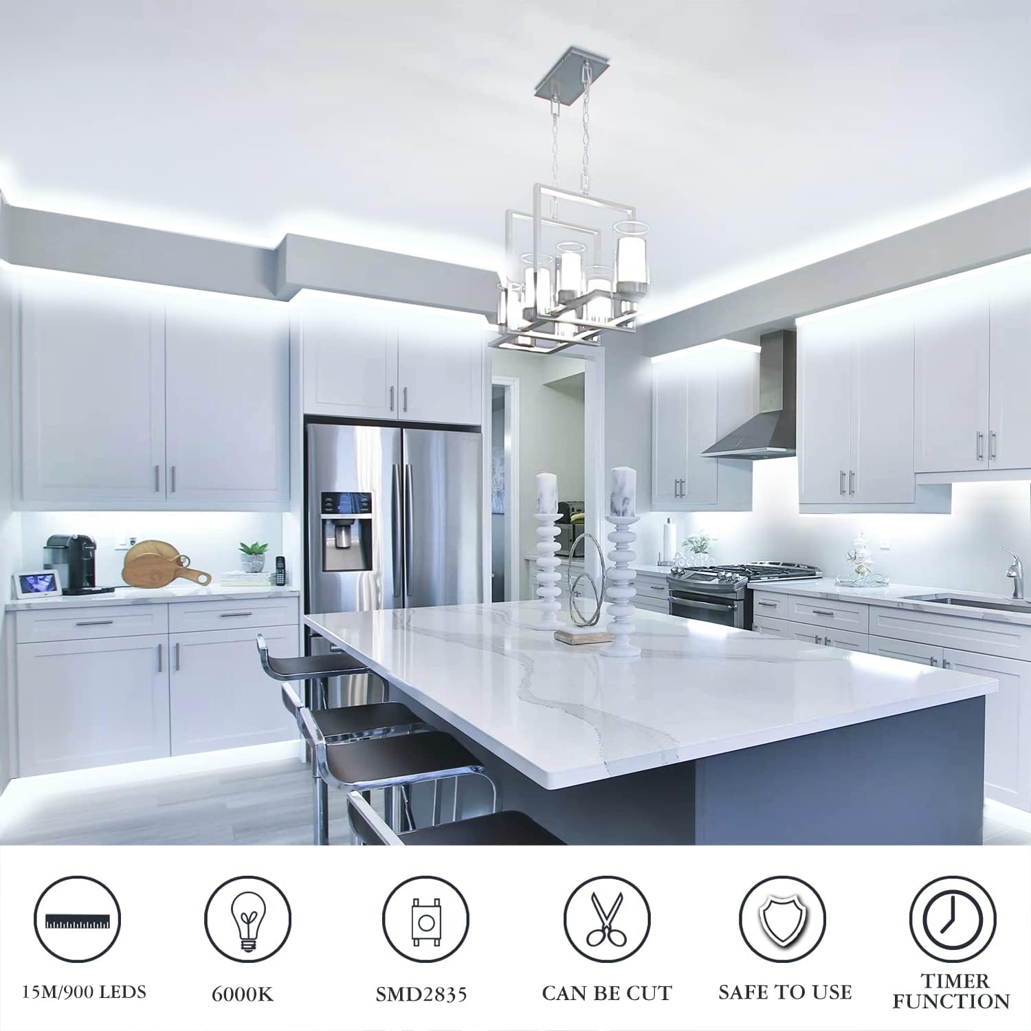 900 LED/50ft LED Strip Lights with Infrared Remote - 6000K Daylight White, 12V Flexible Light Strips with Timer Function - Perfect for Under Cabinet, Bedroom, Kitchen Lighting & Home Decor