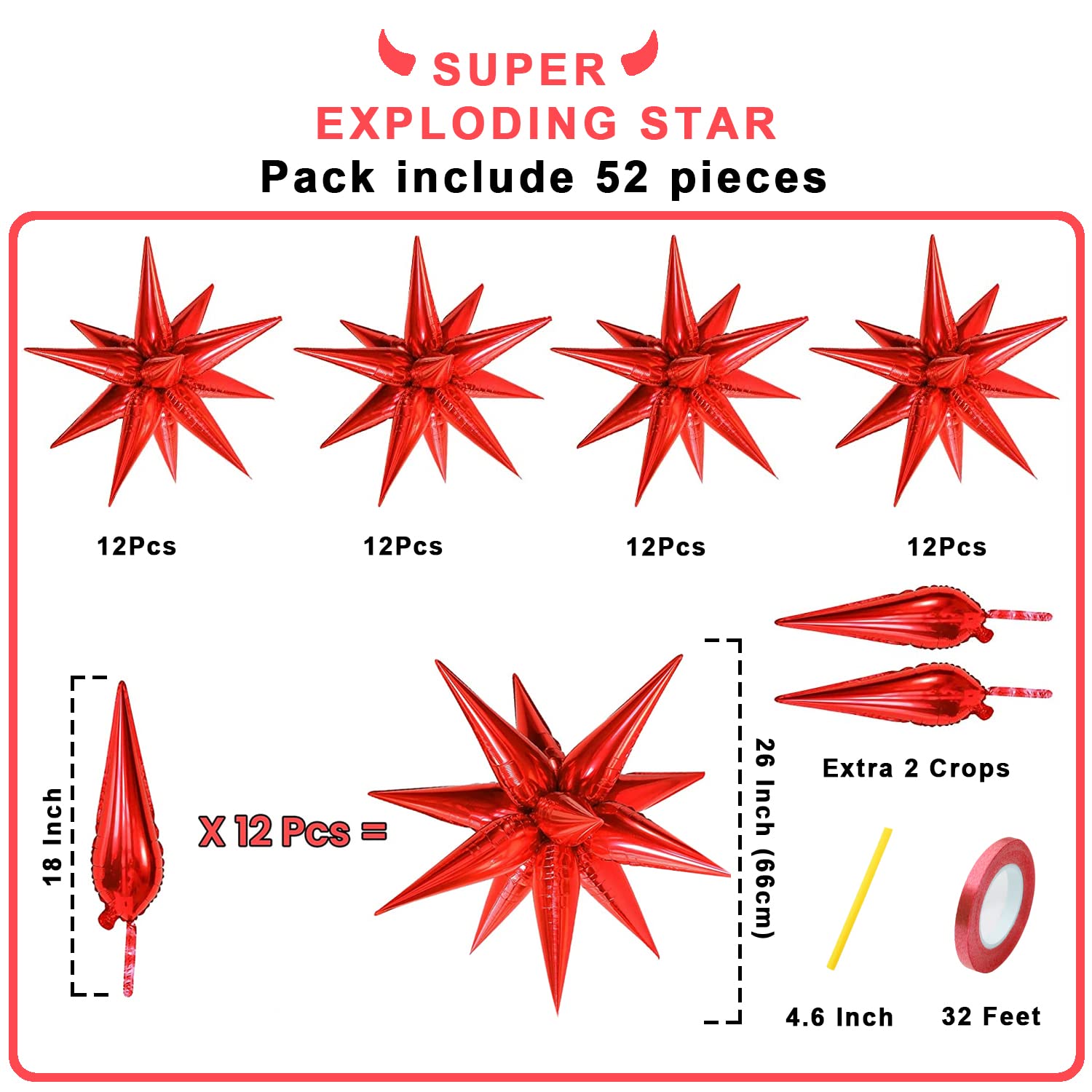 50Pcs Red Star Metallic Foil Balloons for Birthday Party, Graduation, Christmas Decorations – Fun & Shiny Event Balloons for Business Events, Home Decor & Celebrations