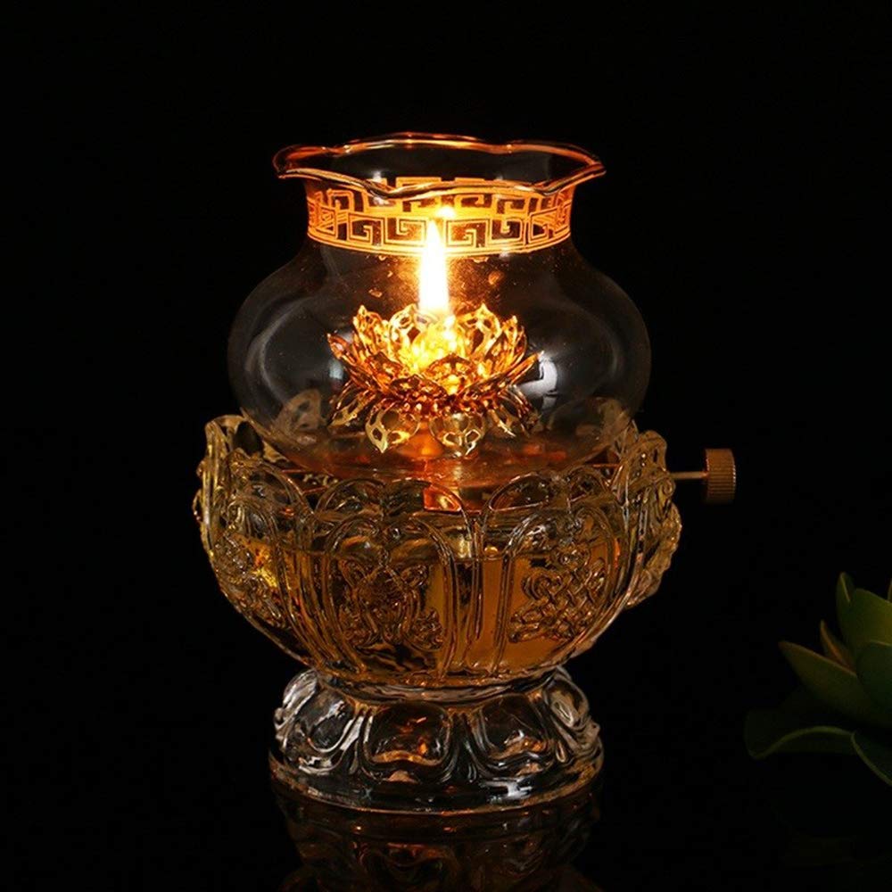 Premium Glass Crystal Lotus Oil Lamp - Indoor Buddha Head Kerosene Lamp with Ultra-Pure Paraffin Wax, Gold Lantern Candle Holder for Home Decor, Meditation & Spiritual Spaces