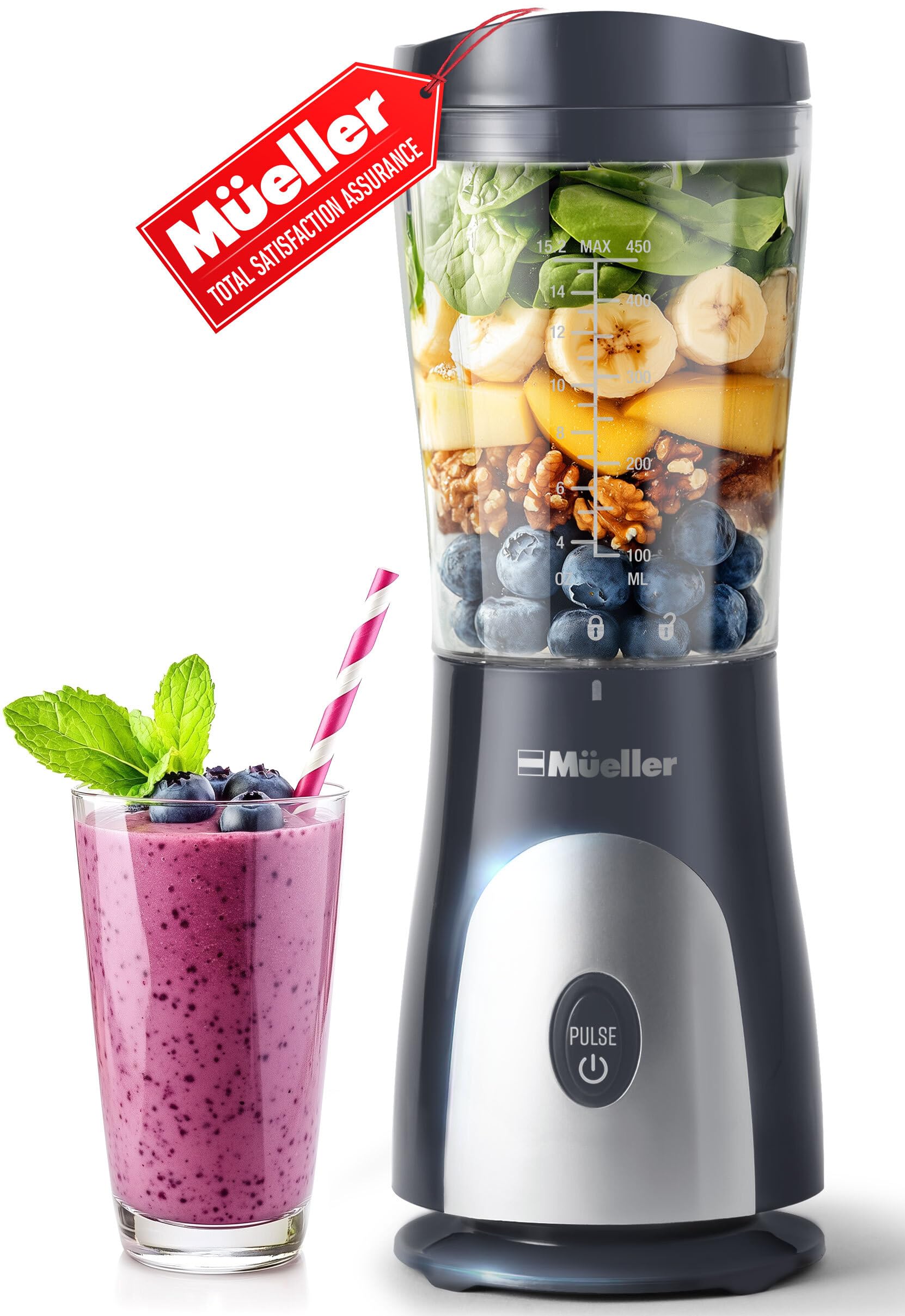 Mueller Smoothie Blender - Powerful 400W Personal Blender for Shakes, Frozen Drinks, Baby Food & Protein Smoothies | 15oz Travel Cup with Leakproof Lid | Stainless Steel Blades | Perfect for Kitchen, Gym & On-the-Go Blending