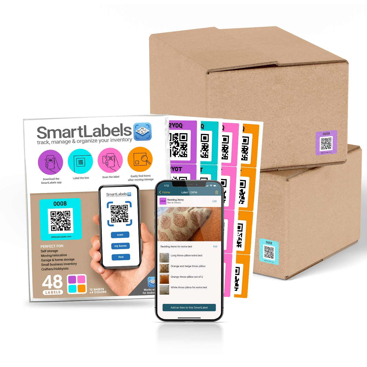 Smart QR Code Labels Stickers Pack of 48 - Made in USA for Storage & Inventory Tracking | Organize Storage Units, Moving Supplies & Business Inventory | Perfect for Home Organization, Warehouse Management & Retail Stock Control