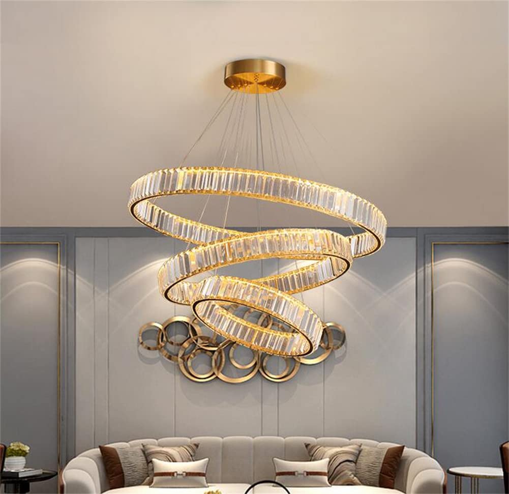 Modern Crystal Chandelier - 3 Ring LED Gold Pendant Light with Adjustable Stainless Steel Hanging Fixture, Warm White Light for Living Room Bedroom Dining Room | Elegant Home Decor & Wedding Venue Lighting