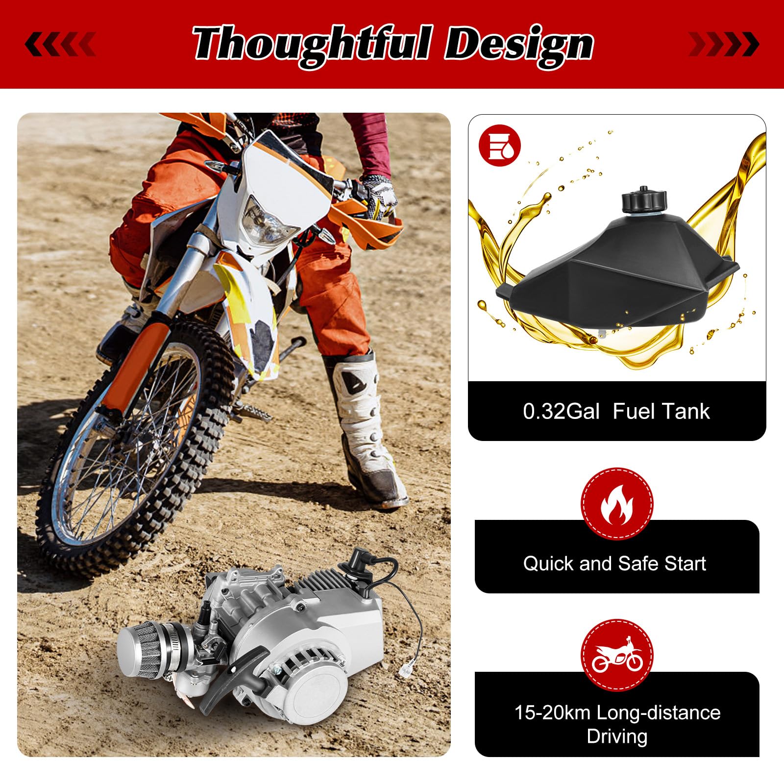49cc 2 Stroke Gas Bicycle Engine Kit - Motorized Bike Conversion Kit for Adults - Fits Pocket Bikes & Mini Dirt Bikes - Gasoline Petrol Motor Upgrade (Silver/Black) - Perfect for Commuting, Off-Road Adventures & DIY Bike Projects