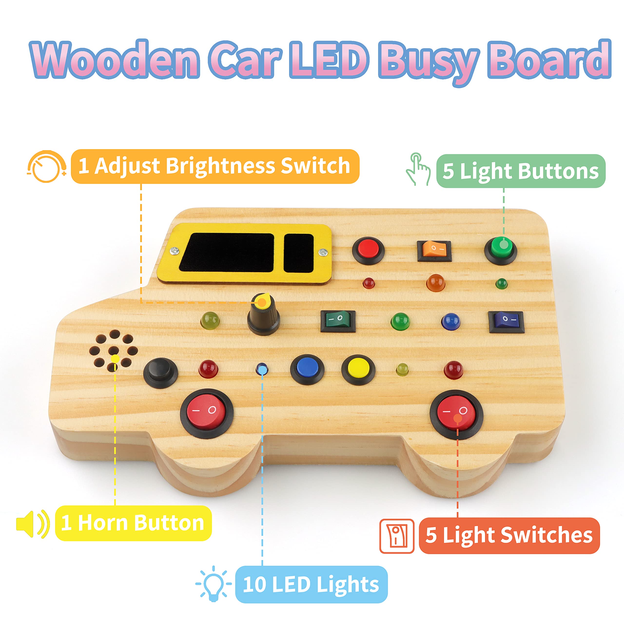 Montessori Wooden Busy Board for Toddlers - Sensory Toys with LED Lights & Sounds, Educational Wooden Car Toys for Kids Ages 3+ | Perfect Stocking Stuffers for Boys & Girls | Great for Early Learning, Travel & Playtime Activities