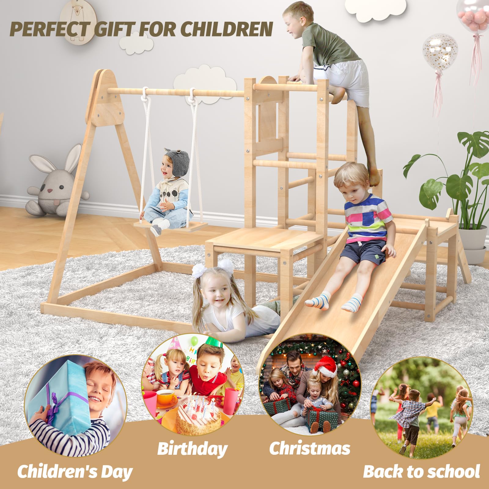 Montessori Wooden Climber Playset with Slide & Swing - Indoor Jungle Gym for Toddlers | Safe & Sturdy Toddler Climbing Toys for Home Playroom, Daycare & Preschool Development