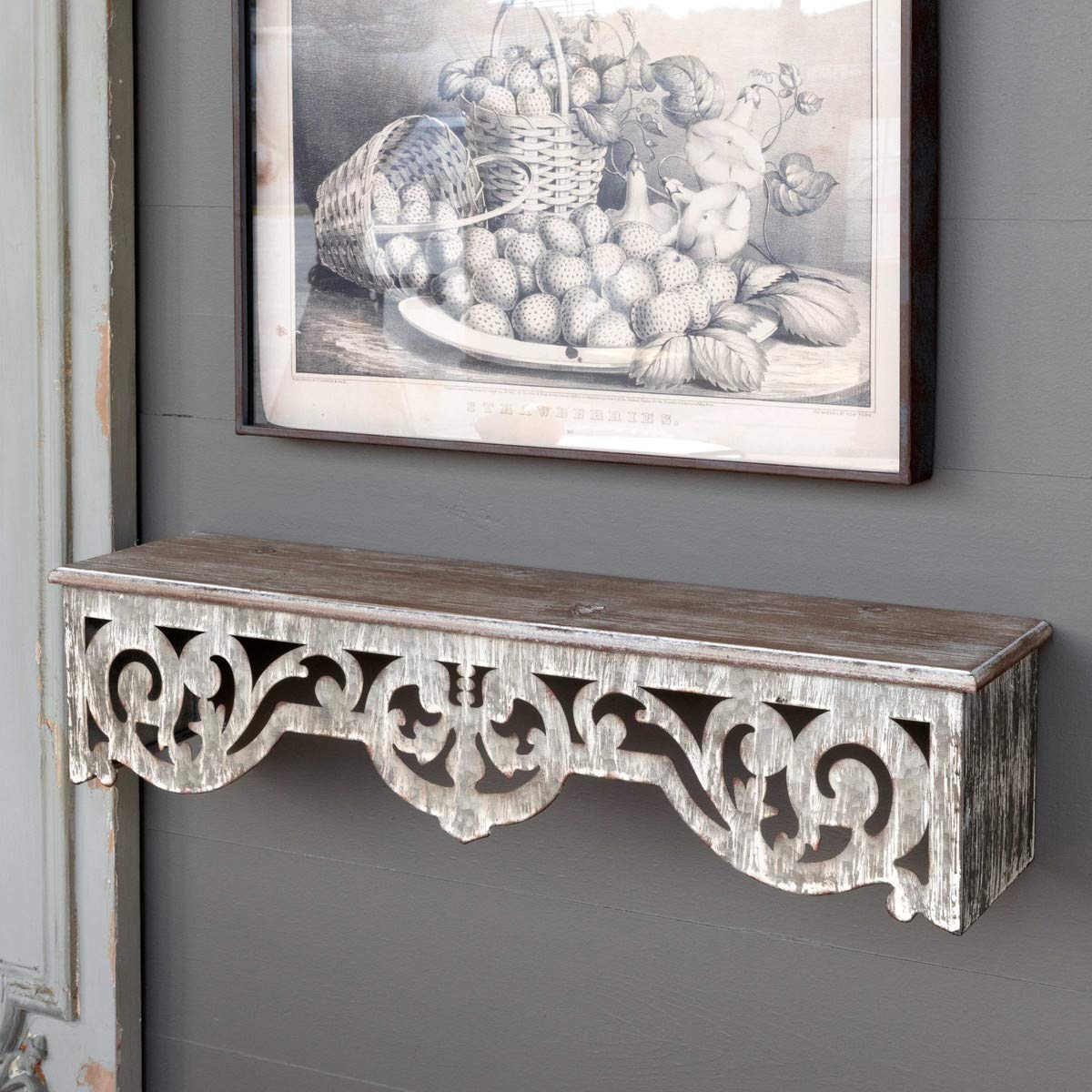 Park Hill Collection EWA90376 30-inch Wood and Metal Filigree Wall Shelf - Decorative Storage for Living Room, Bedroom, Bathroom & Office