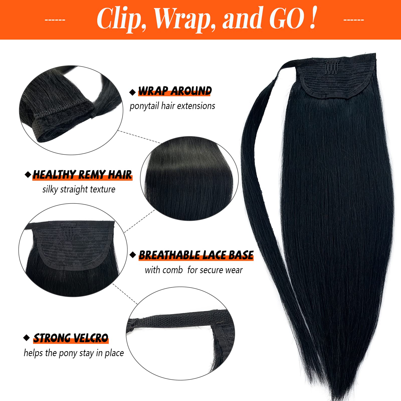 Licoville 18 Inch Clip-in Ponytail Hair Extensions - 80g Silky Straight Virgin Human Hair for Black Women | Jet Black Wrap Around Ponytail | Perfect for Parties, Weddings & Everyday Styling