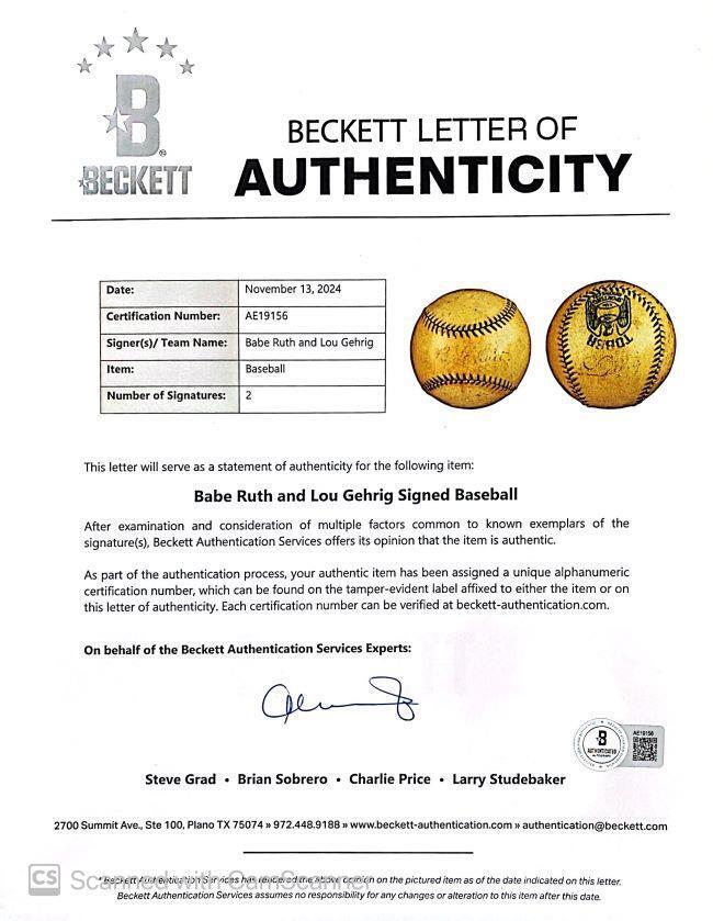 Authentic Babe Ruth & Lou Gehrig Signed New York Yankees Baseball - PSA/BAS Certified - Perfect for Baseball Memorabilia Collectors & Yankees Fans Display