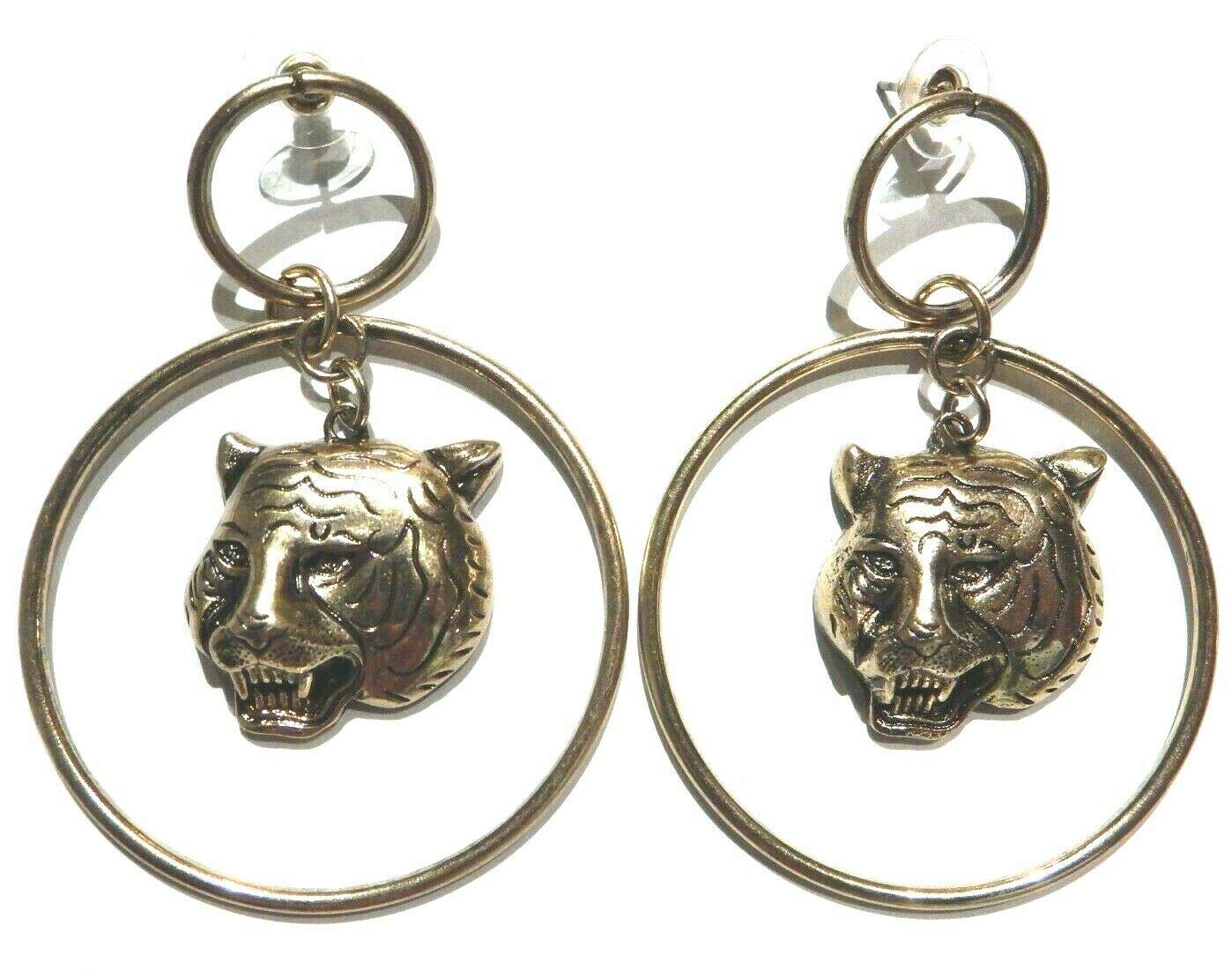 Brassy Tiger Double Hoop Earrings - Wild Cat Face Post Studs in Golden Rings for Women | Bold Statement Jewelry for Parties, Night Out, and Fashion Accessories