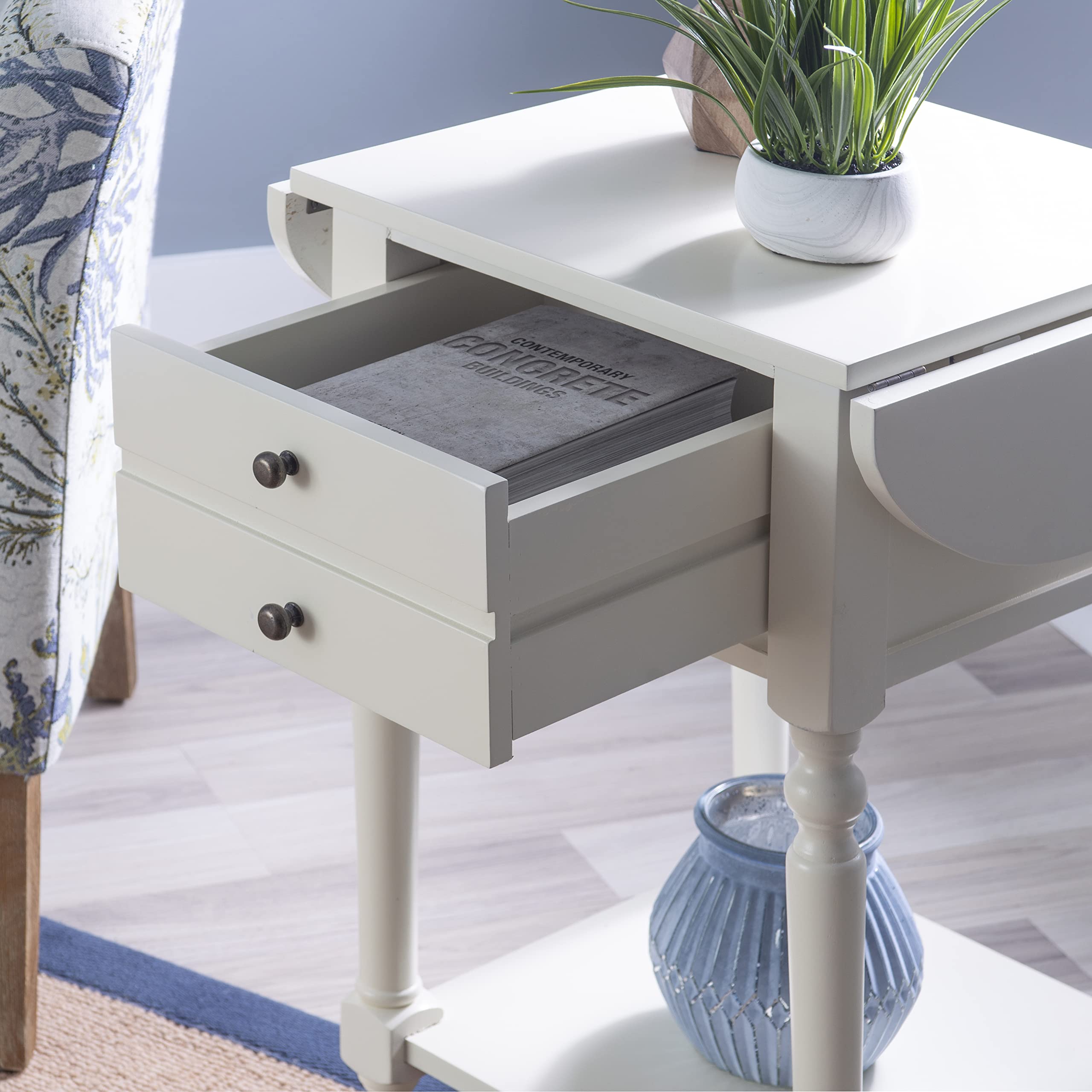 Powell Furniture Shiloh Drop Leaf Accent Table - Antique White Small Side Table for Living Room, Bedroom & Entryway | Compact Space-Saving Design