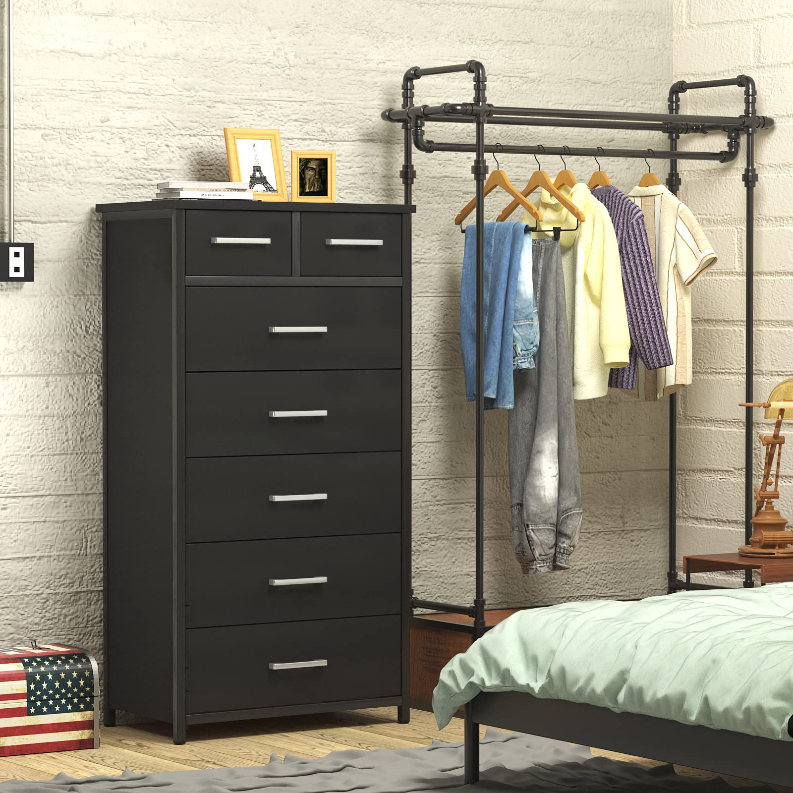IKENO 7-Drawer Tall Dresser with Sturdy Metal Frame - Industrial Bedroom Storage Cabinet for Clothes Organization | Perfect for Small Spaces & Apartment Living