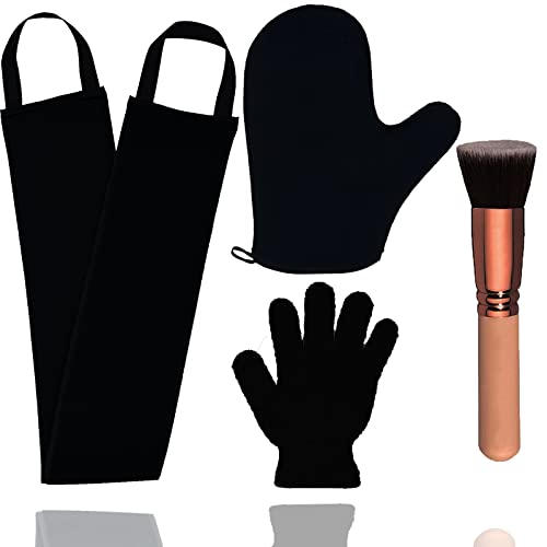 4 Pack Self Tanning Mitt Applicator Kit - Includes Self Tanner Mitt, Back Applicator, Exfoliating Glove & Face Brush for Sunless Tanning (Black) | Perfect for Full Body, Back & Face Application at Home or Salon