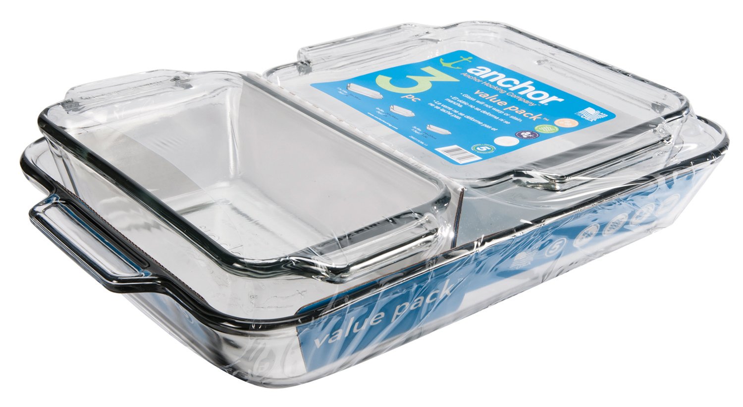 Anchor Hocking 3-Piece Glass Baking Dish Set - 3 Qt Casserole Dish, Cake Pan & Bread Pan for Oven Baking | Perfect for Casseroles, Desserts & Homemade Bread | Microwave & Dishwasher Safe