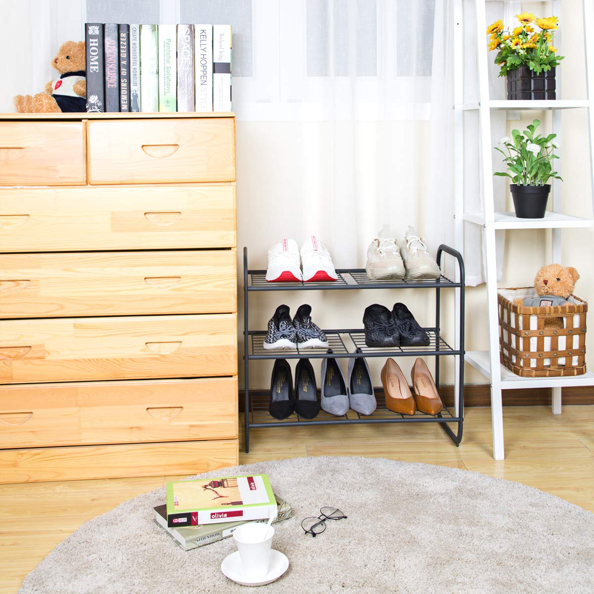 MAX Houser 3-Tier Metal Shoe Rack - Sturdy Free Standing Shoe Storage Organizer with Wire Grid Design - Space Saving Shoe Tower for Closet, Bedroom, Entryway - Gunmetal Finish - Perfect for Small Spaces & Shoe Organization