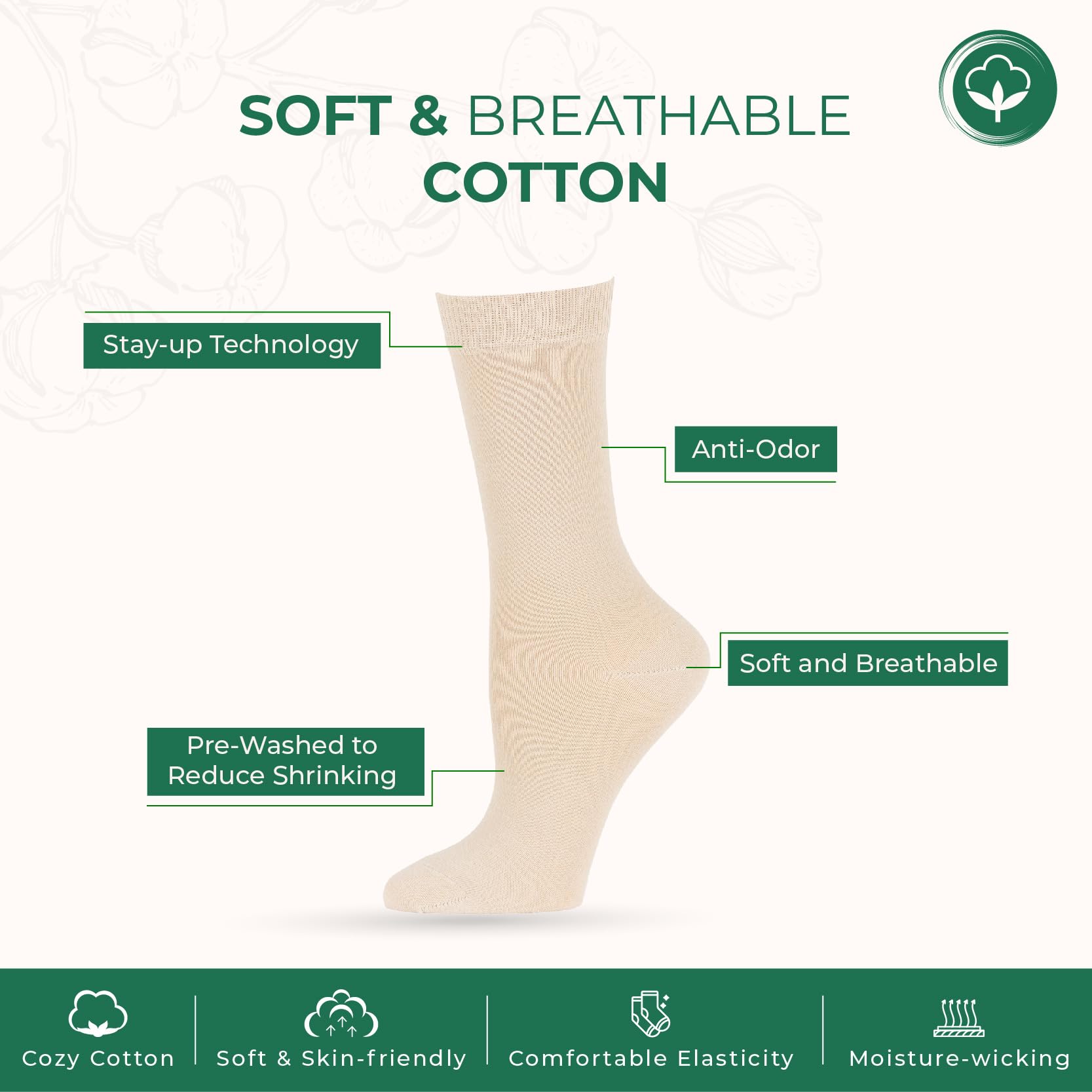 7BigStars Women's Cotton Crew Socks 4-Pack - Soft Comfortable Solid Color Dress Socks (Black/Brown/Blue/Grey/Beige/Khaki/Olive Green) - Perfect for Work, Office & Casual Wear