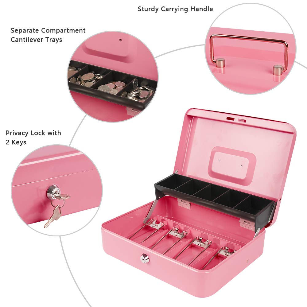 KYODOLED Large Locking Cash Box with Key - 11.81x9.45x3.54 Inch Money Safe Box with Cash Tray & Lock - Pink XL Money Organizer for Home, Office, Retail Store Cash Management