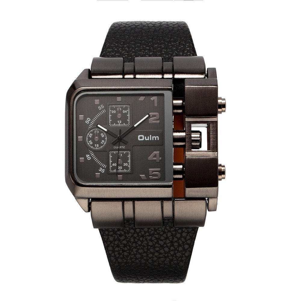 Original OULM 3364 Men's Luxury Quartz Watch - Wide Rectangle Dial with Genuine Leather Strap - Water Resistant Wristwatch for Business, Casual & Formal Occasions