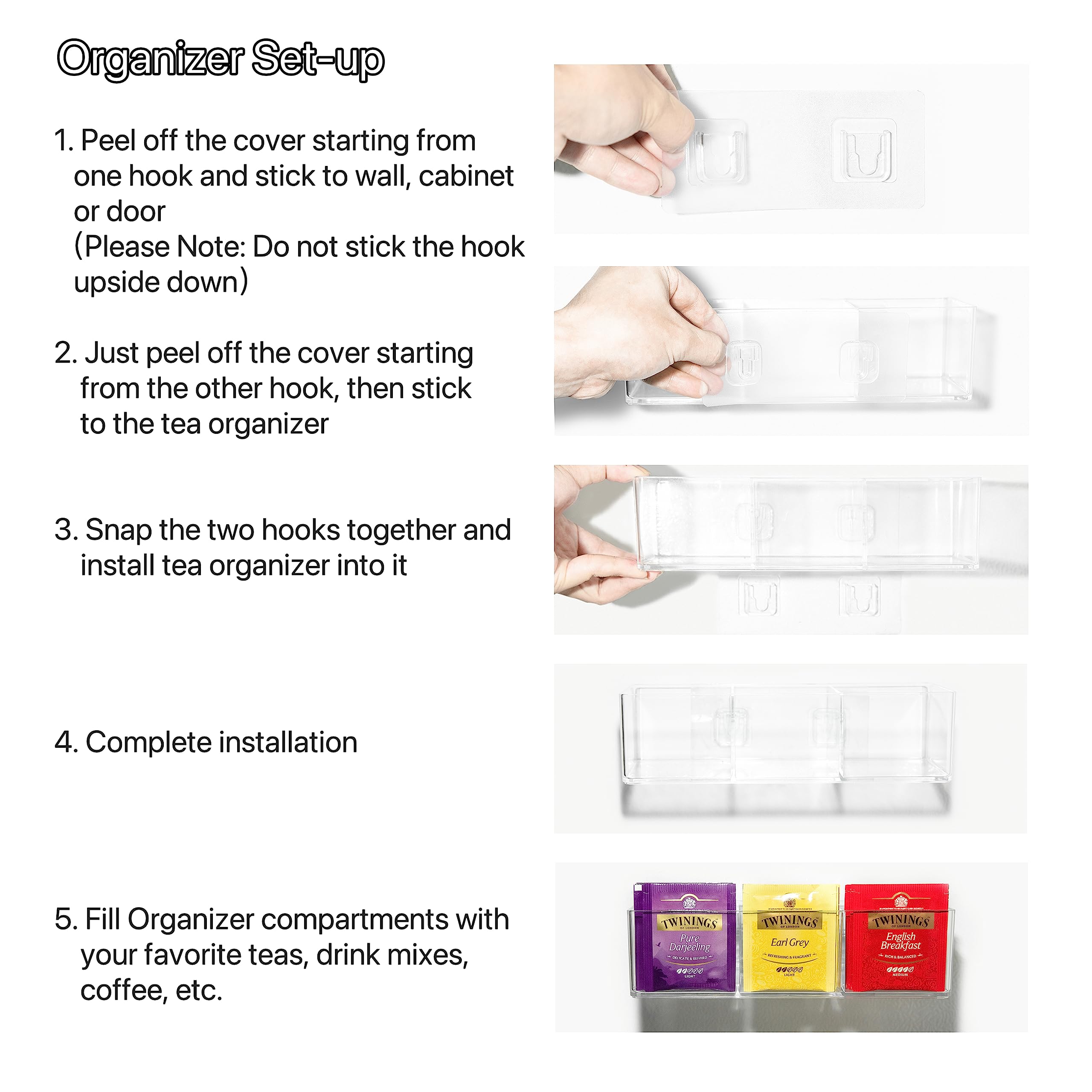 60-Capacity Tea Bag Organizer with 3 Compartments - Wall Mount Tea Storage Box with Strong Adhesive Hooks for Kitchen Pantry & Cabinet Doors (Transparent) - Perfect for Tea Lovers & Organized Kitchens