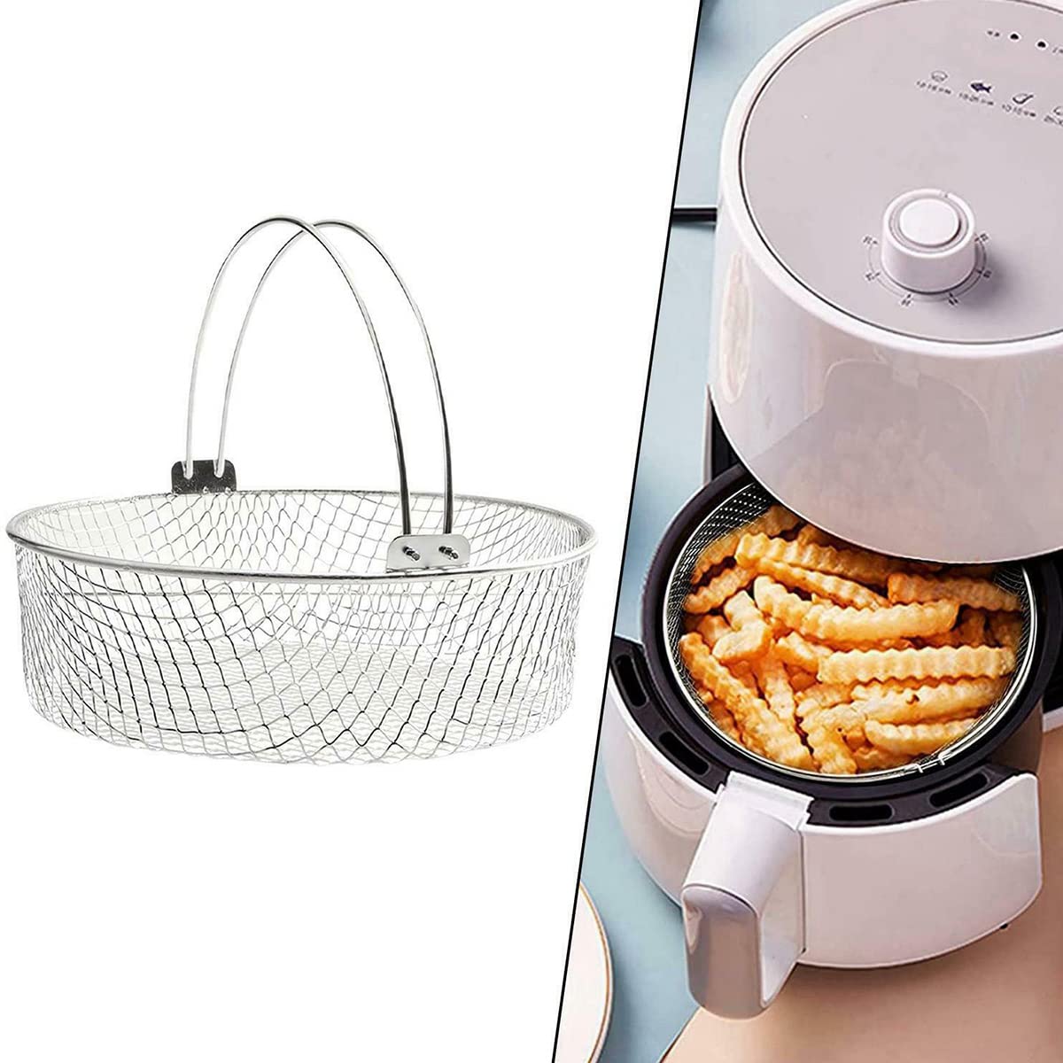 21CM 304 Stainless Steel Air Fryer Mesh Basket with Handle - Crisper Basket for Air Fryer Accessories | Perfect for Healthy Cooking, French Fries, Chicken Wings & Vegetables in Home Kitchen