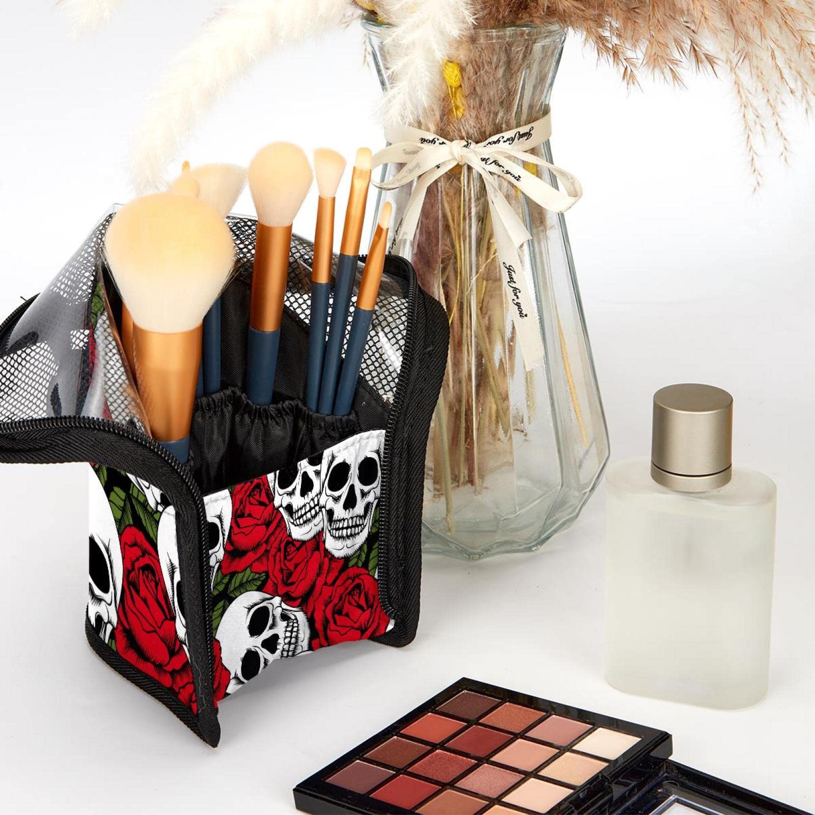 Premium 12-Piece Makeup Brush Organizer Bag with Skull Rose Design - Portable Cosmetic Brush Holder Case for Travel, Home & Professional Makeup Artists