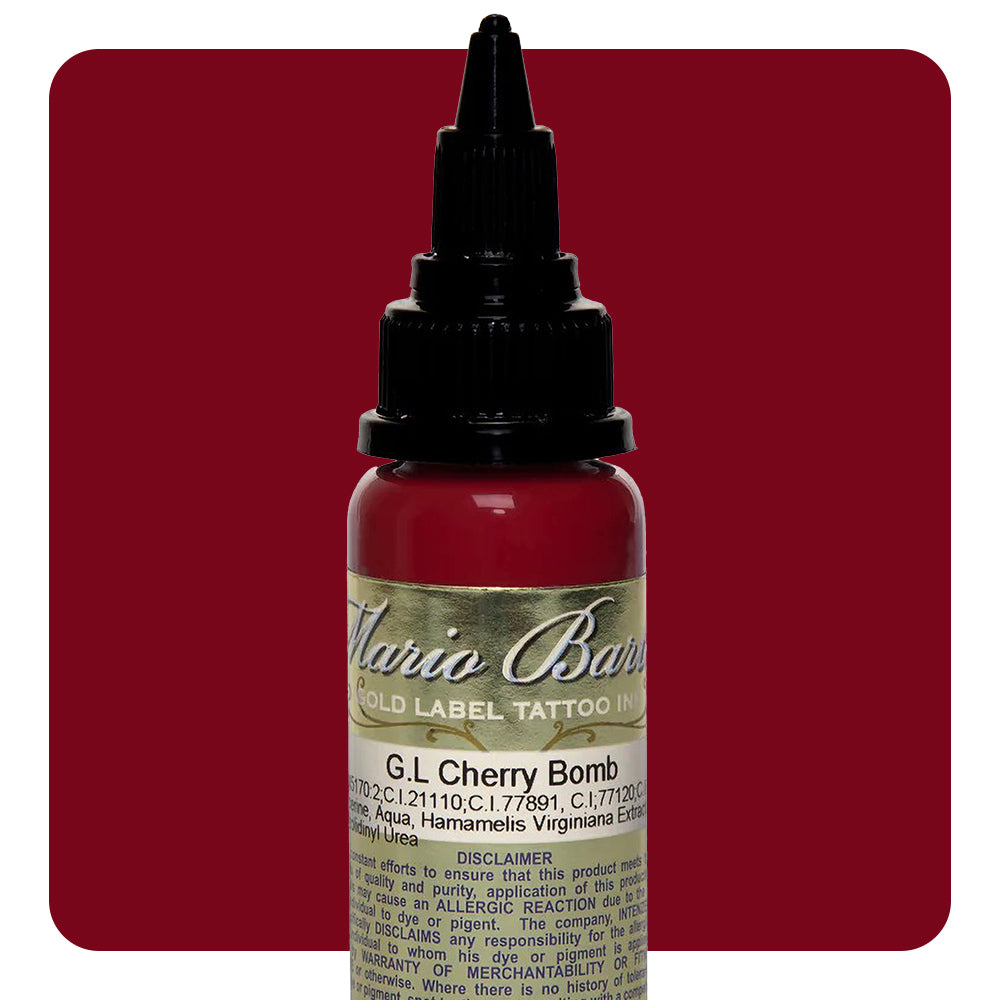 Cherry Bomb Mario Barth Gold Label Tattoo Ink — Professional 1oz Bottle for Tattoo Artists — Perfect for Bold Lines, Color Filling, and Permanent Makeup
