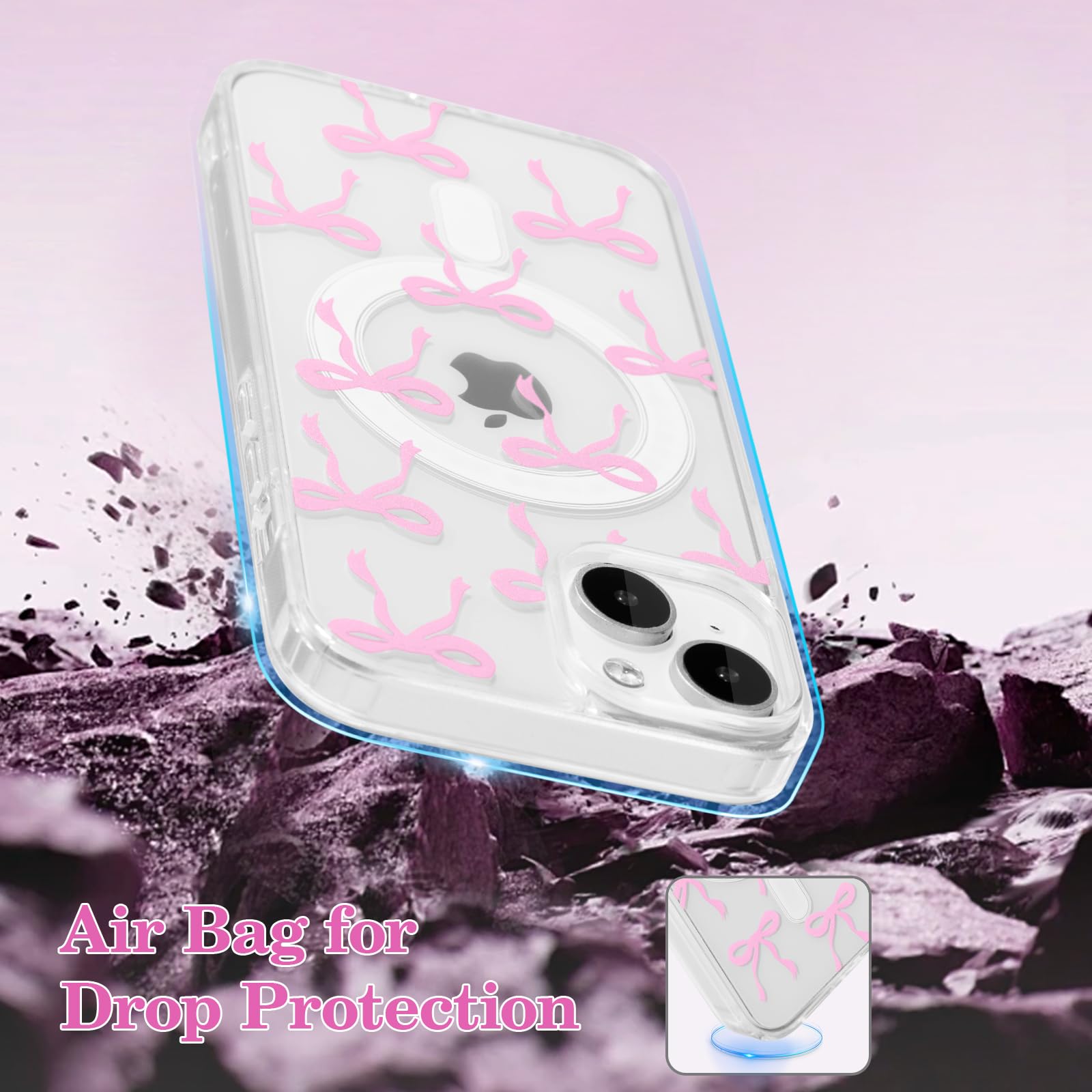 UEEBAI Magnetic Clear iPhone 14 Case & iPhone 13 Case - Slim Anti-Yellowing Shockproof Phone Cover with Bow Design | Compatible with MagSafe Wireless Charging | Perfect Protective Case for Women & Girls (Pink) | Great for Everyday Use, Work, School & Travel