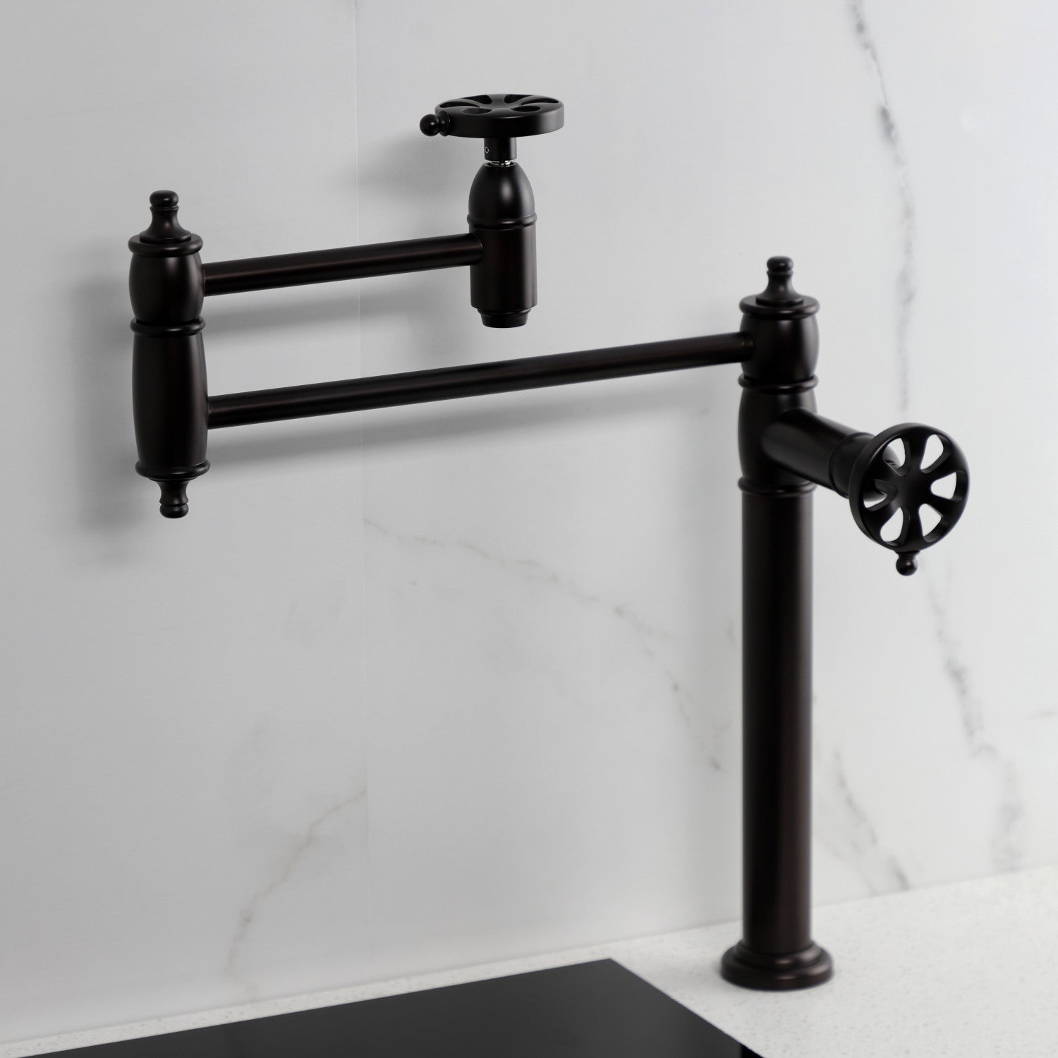 Belknap KS3705RX Oil Rubbed Bronze Deck Mount Pot Filler Faucet - 2 Handle Wall Mounted Kitchen Sink Faucet for Easy Pot Filling & Cooking