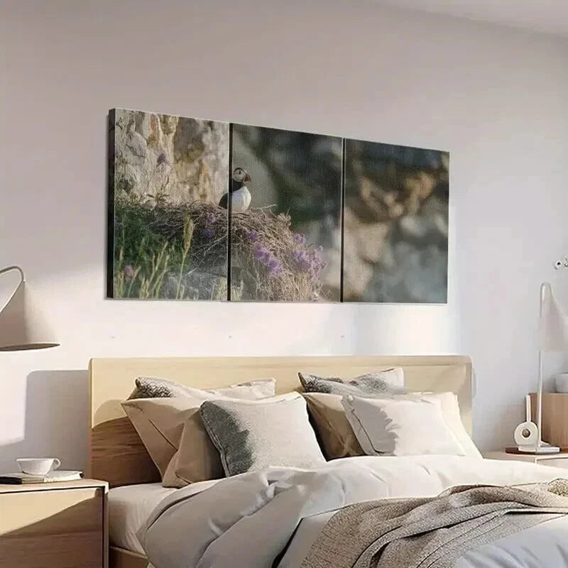 3-Piece Framed Canvas Wall Art Set - A Puffin Sitting on the Edge of Its Nest (50x70cm) | High Quality Print | 100% Australian Made | Ready to Hang | Perfect for Living Room, Bedroom & Office Decor