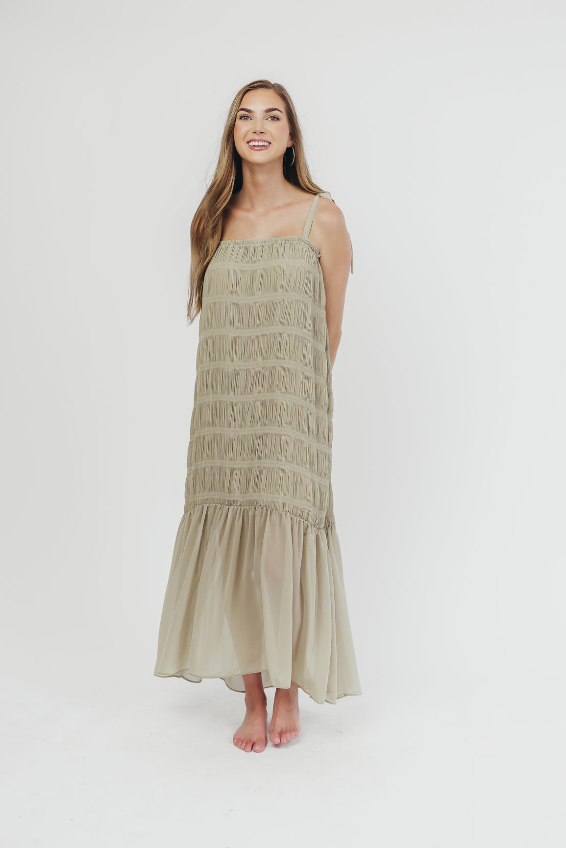 Karolyn Women's Sage Green Tie Strap Maxi Dress - Flowy Summer Beach Dress for Vacation, Wedding, or Casual Outings