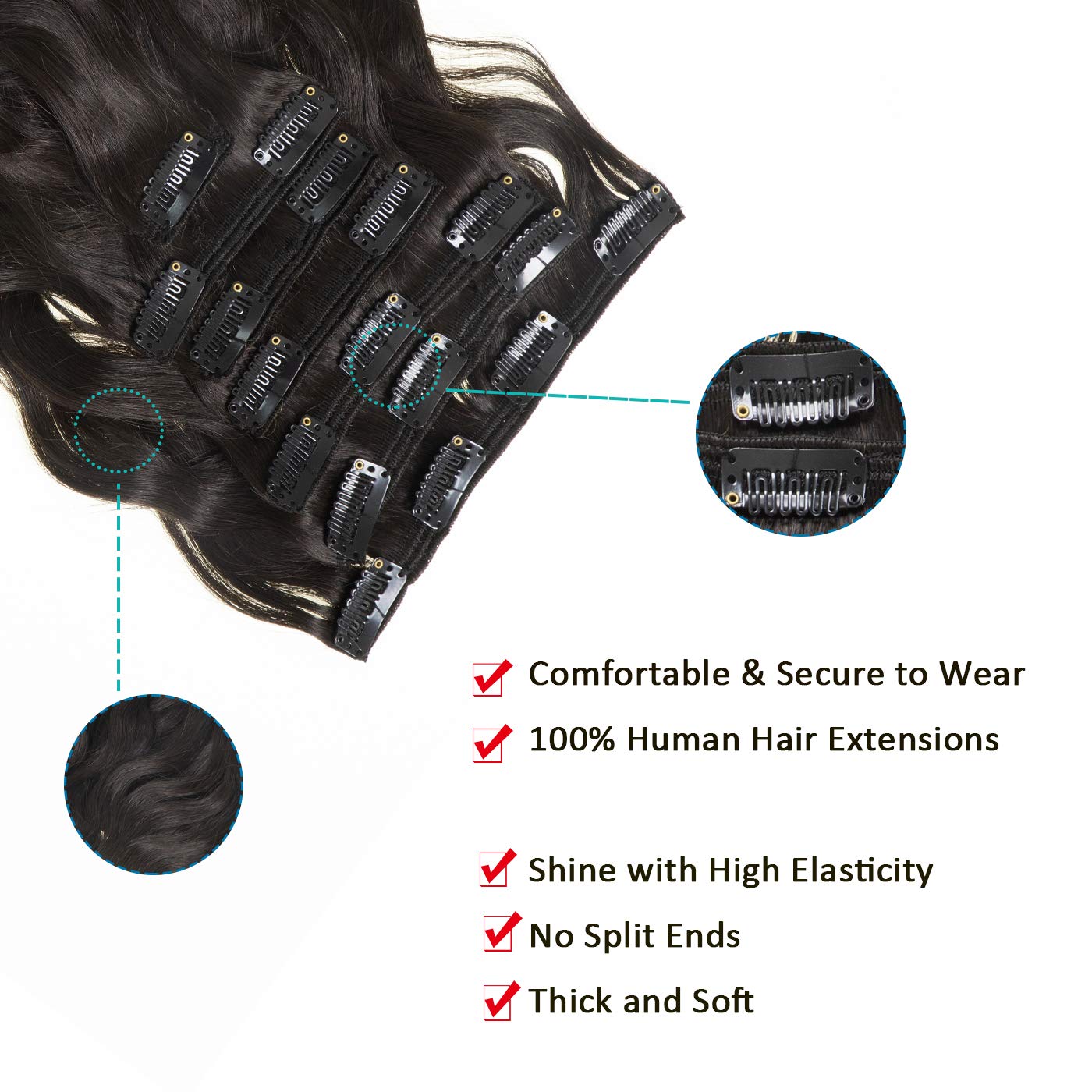 Anrosa 7-Piece Natural Wave Curly Human Hair Extensions - 22 Inch Long Brazilian Virgin Hair Weft (120g, #1B Off Black) with 17 Clips - Perfect for African American Hair Styling, Volume Boosting & Everyday Wear