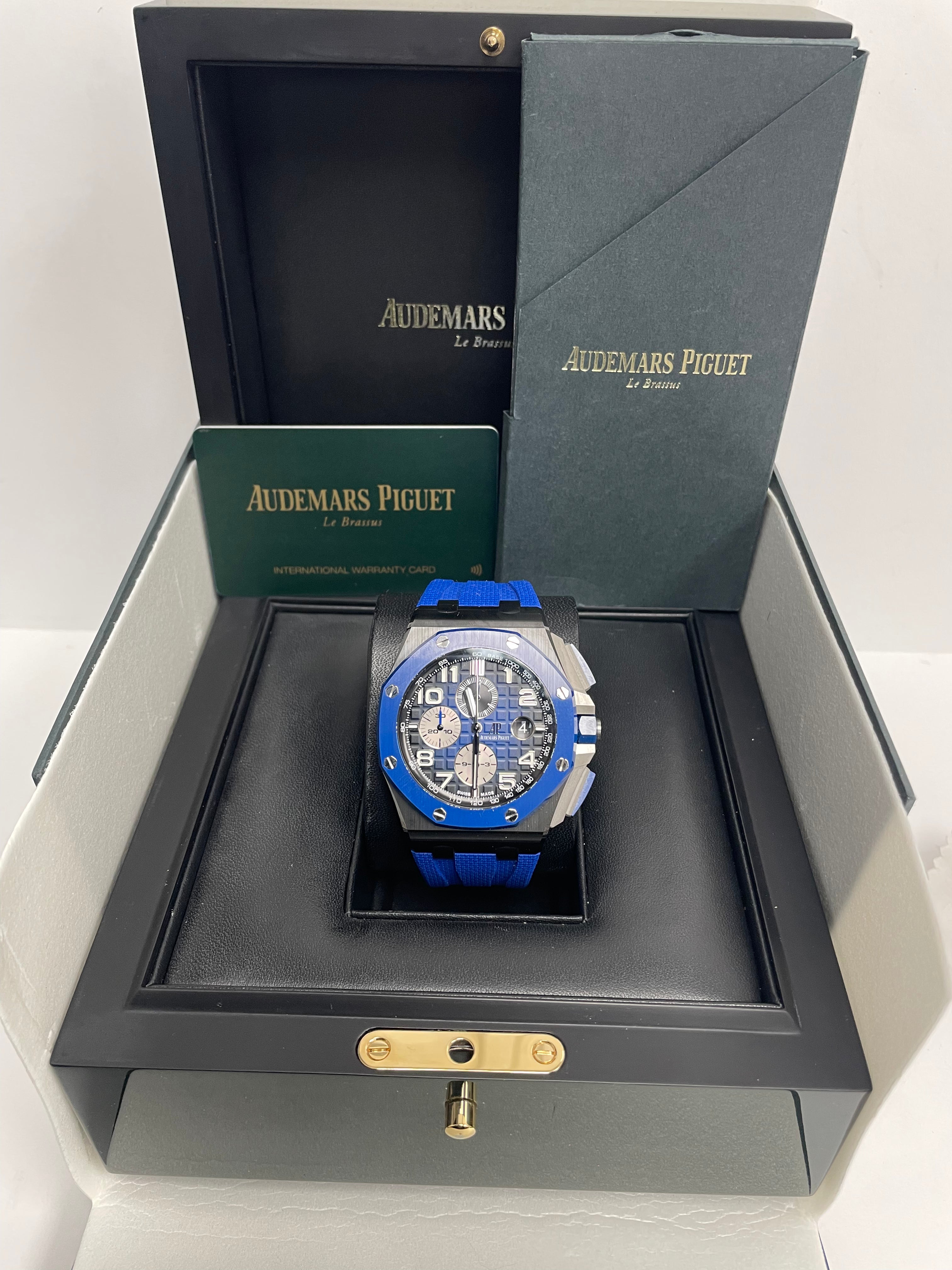 Audemars Piguet Royal Oak Offshore Selfwinding Chronograph Men's Watch - Stainless Steel Case, Blue Leather Strap, Blue Dial with White Subdials & Ceramic Bezel (Model 26405CE.OO.A030CA.01) - Luxury Sports Watch for Business, Formal Events & Collectors