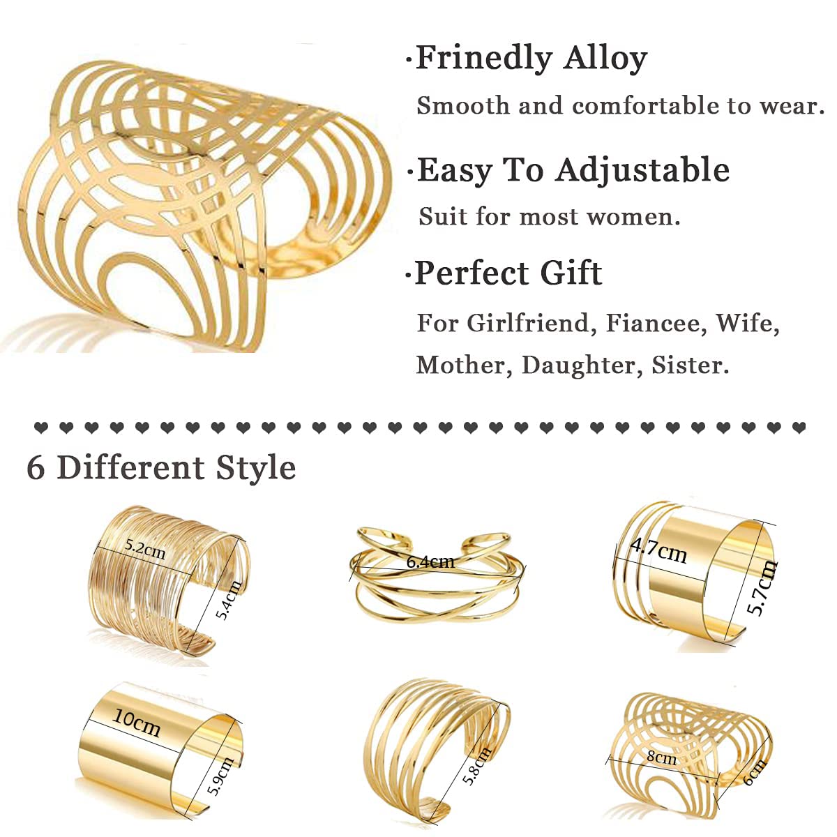 WAINIS 6 PCS Gold Open Cuff Bangle Bracelets for Women - Adjustable Wire Wrap Wrist Cuff Bracelet Set - Perfect for Parties, Weddings & Everyday Fashion Accessories