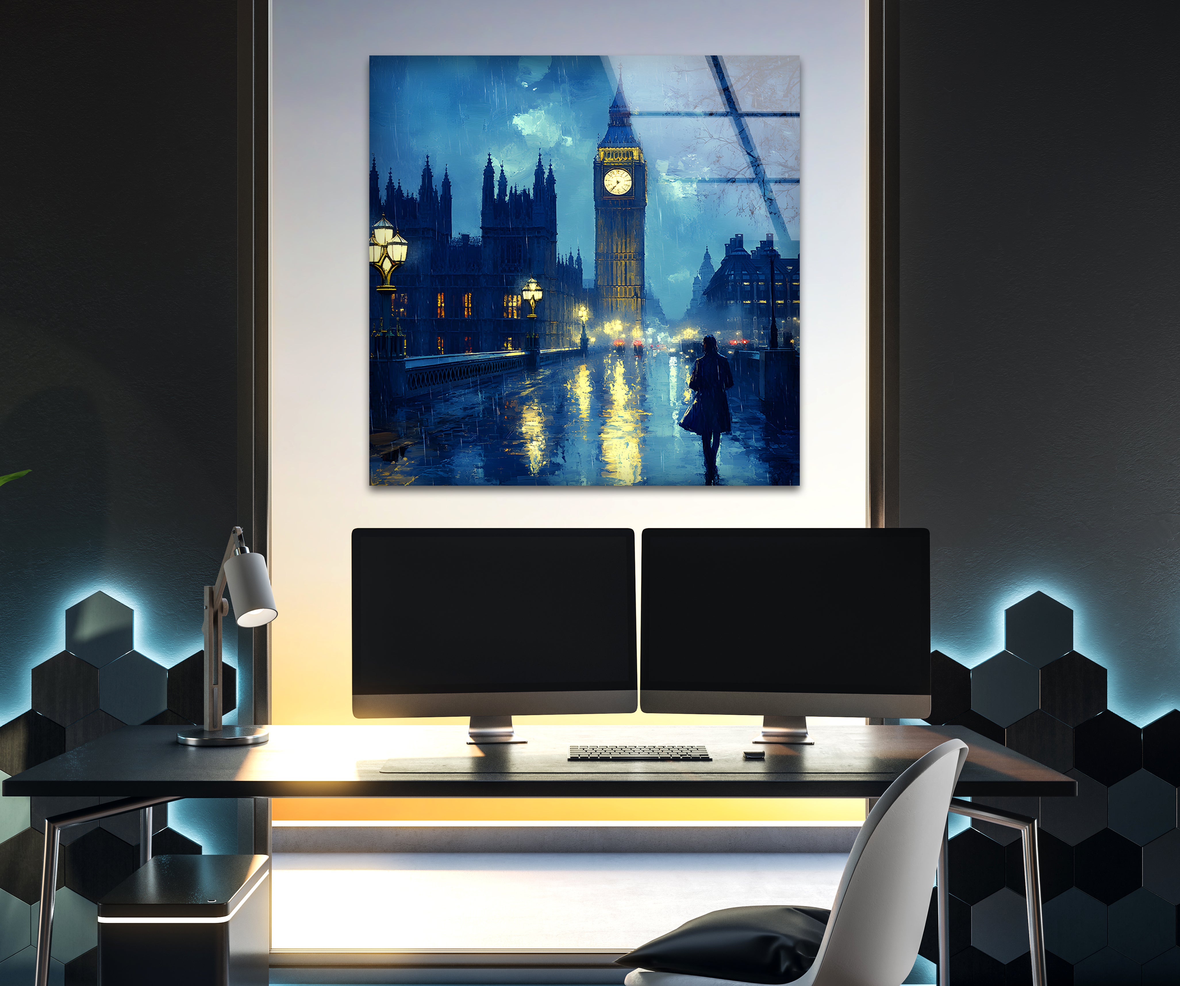 London Rainy Night Glass Wall Art - Elegant Home Decor for Living Room, Bedroom & Office - Perfect Gift for Art Lovers