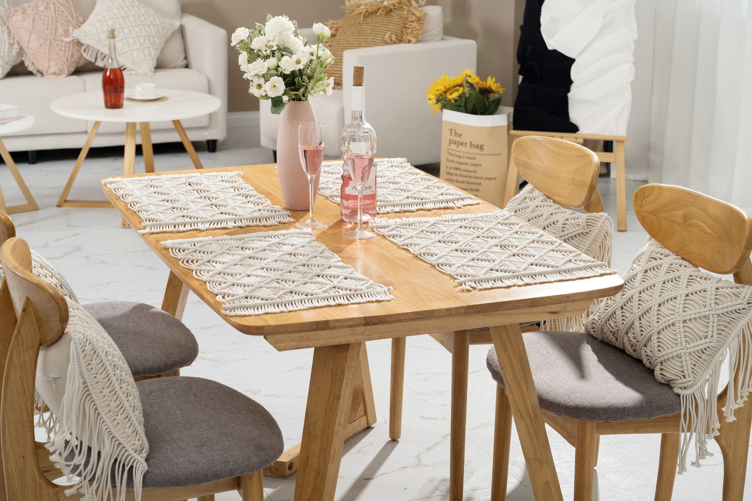 Handmade Macrame Placemats Set of 4 - Boho Chic Cotton Table Mats for Dining Room Decor, Perfect for Farmhouse Tables, Coffee Tables, and Outdoor Picnics