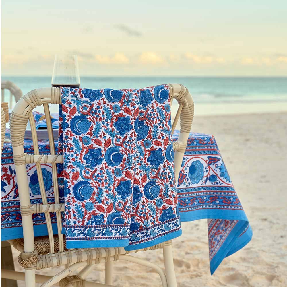 Bohemian Floral Blue & Paprika Cotton Tea Towels - Soft, Absorbent Kitchen Towels for Drying Dishes, Decor & Gift Giving