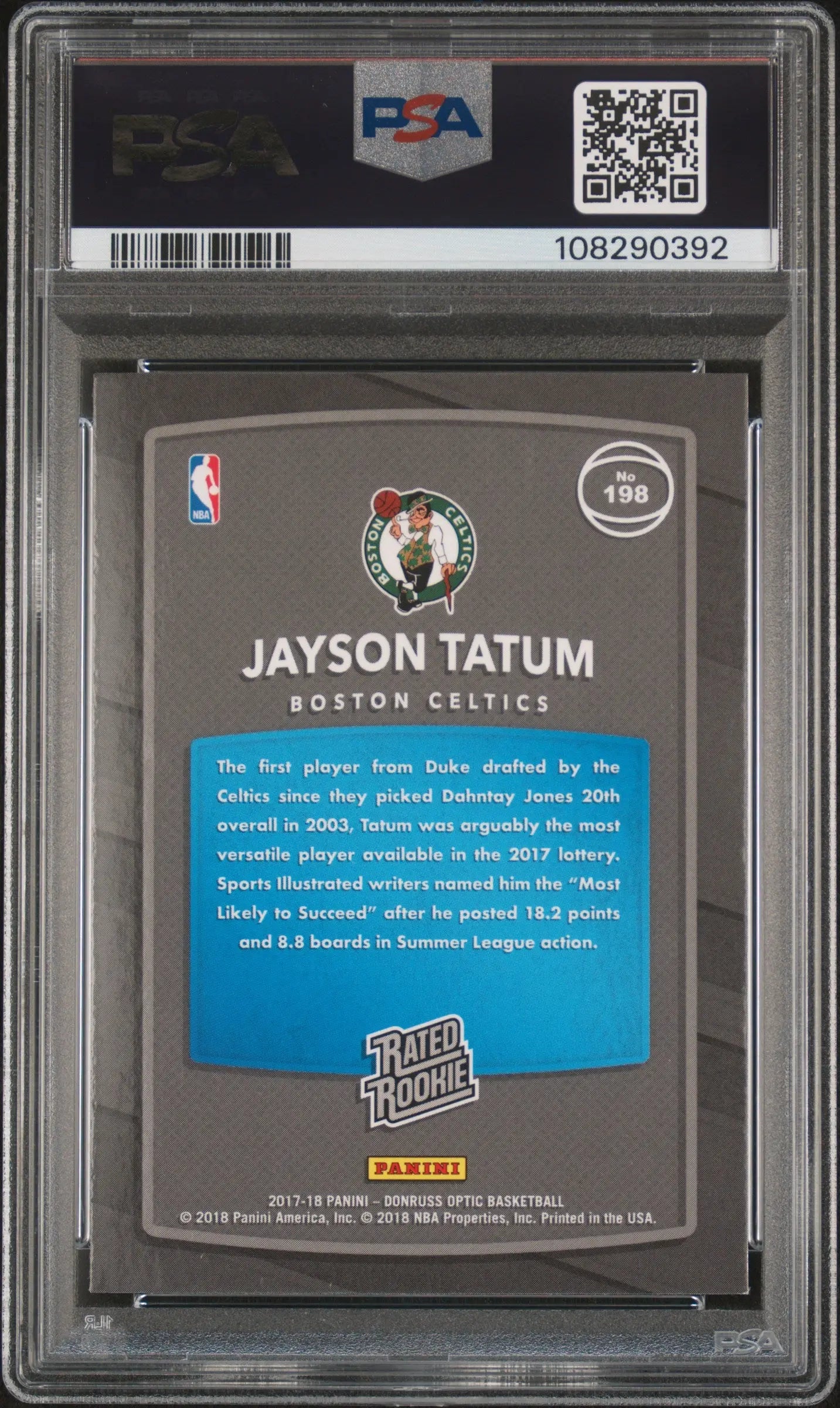 2017 Panini Donruss Optic Jayson Tatum Red Yellow Rated Rookie PSA 9 Mint Basketball Card - Perfect for NBA Collectors, Sports Memorabilia Enthusiasts & Investment Grading
