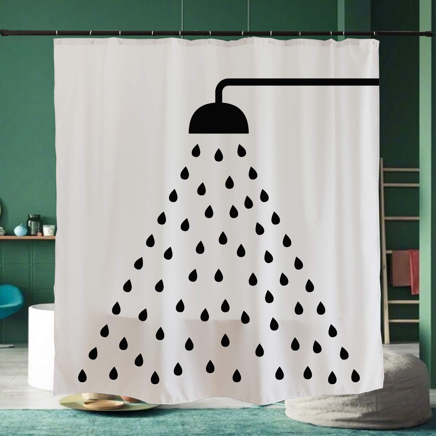 Ofat Home Cute Raindrop Shower Curtain - 72x72 Extra Long Black & White Fabric Bathroom Curtain with Hooks - Waterproof & Stylish for Modern Bathroom Decor (Bathroom, Hotel, Dorm, Apartment)