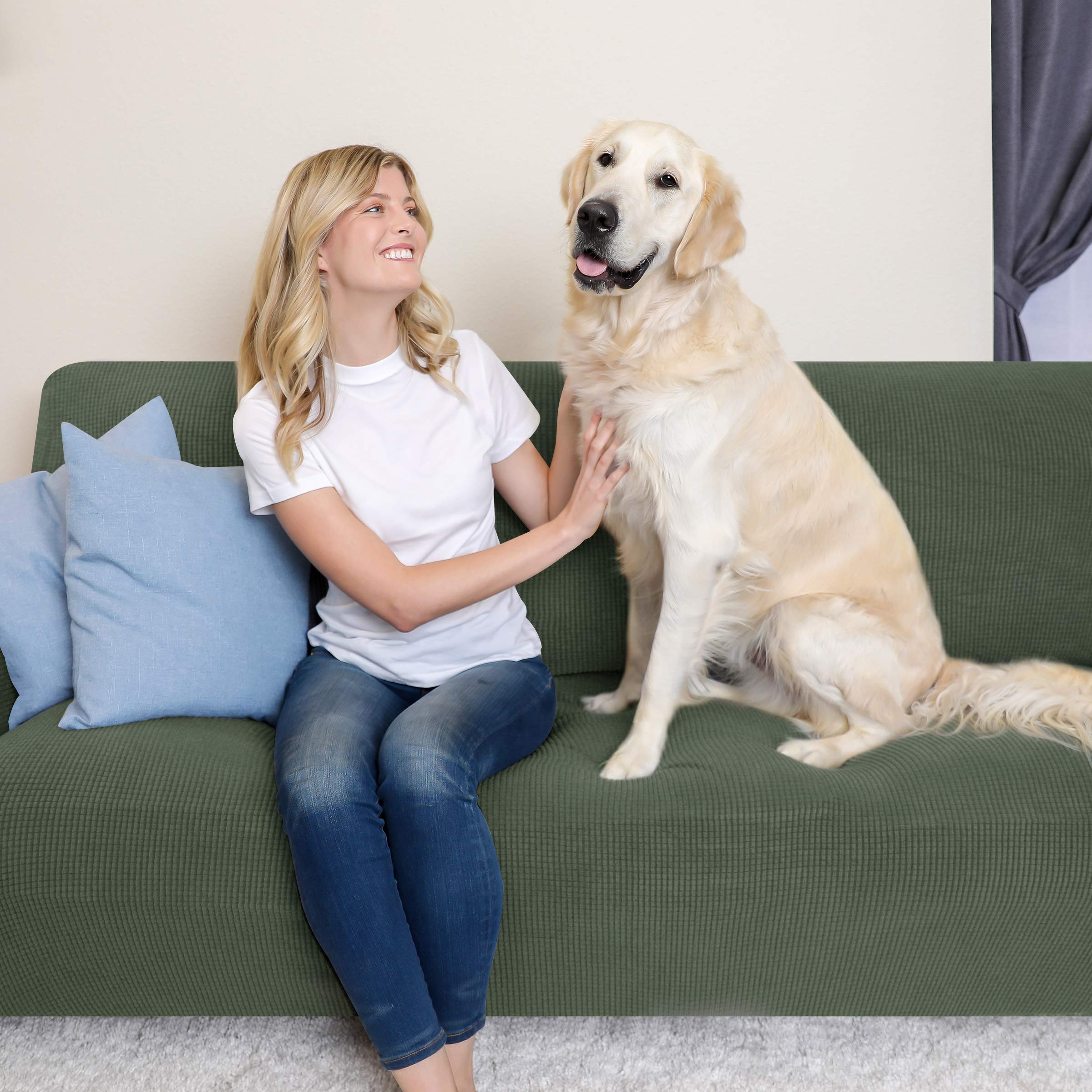 SUBRTEX 1-Piece Stretch Sofa Slipcover - Jacquard Fabric Small Checks, Washable Couch Cover for Living Room Furniture (Olive Drab, Large) - Perfect for Pet Owners & Family Gatherings