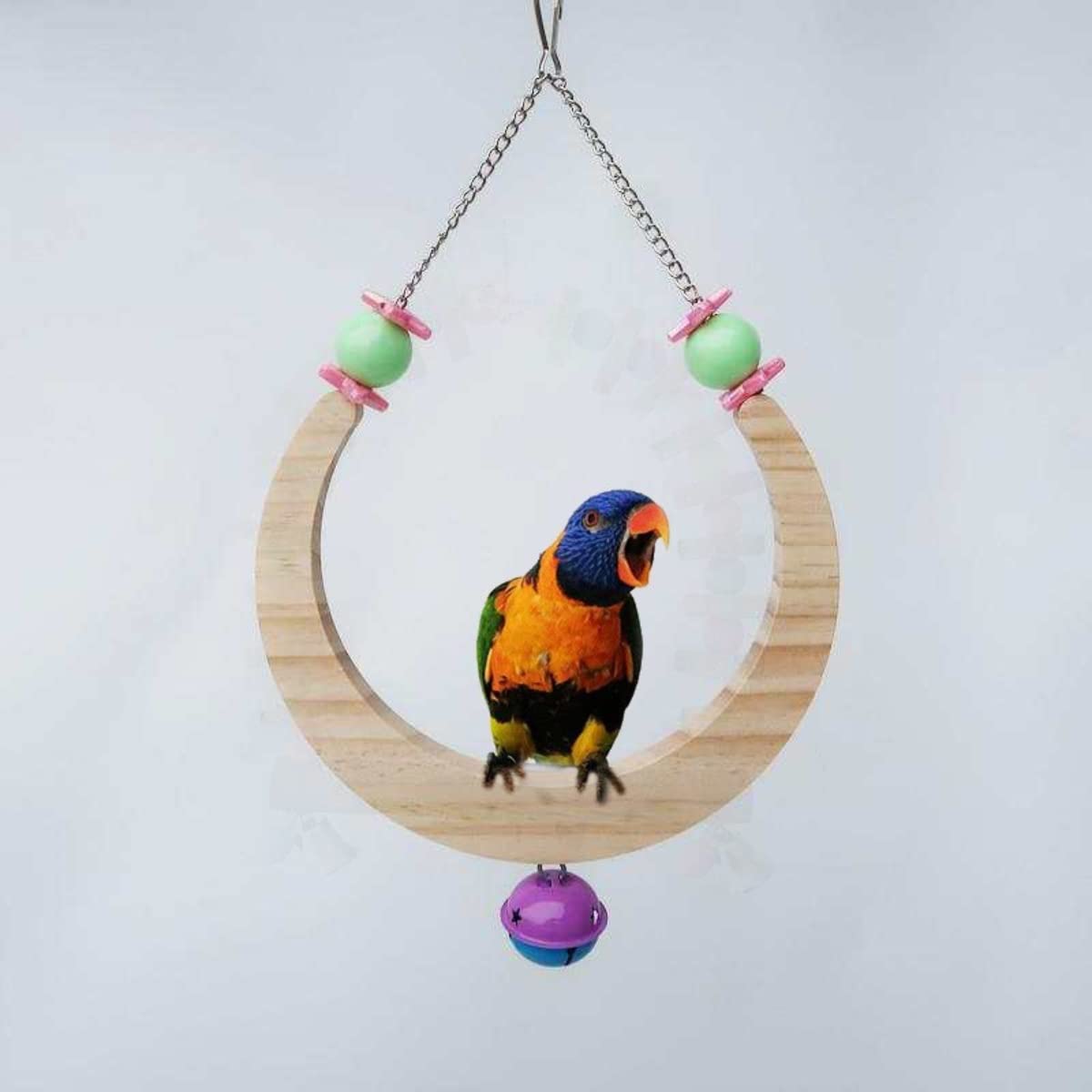 Wooden Moon-Shaped Bird Swing Toy - Stainless Steel Hanging Chain Perch Stand for Parrots & Small Birds | Chewing, Climbing, Biting & Tearing Activity | Perfect for Bird Cages, Aviaries & Play Gyms