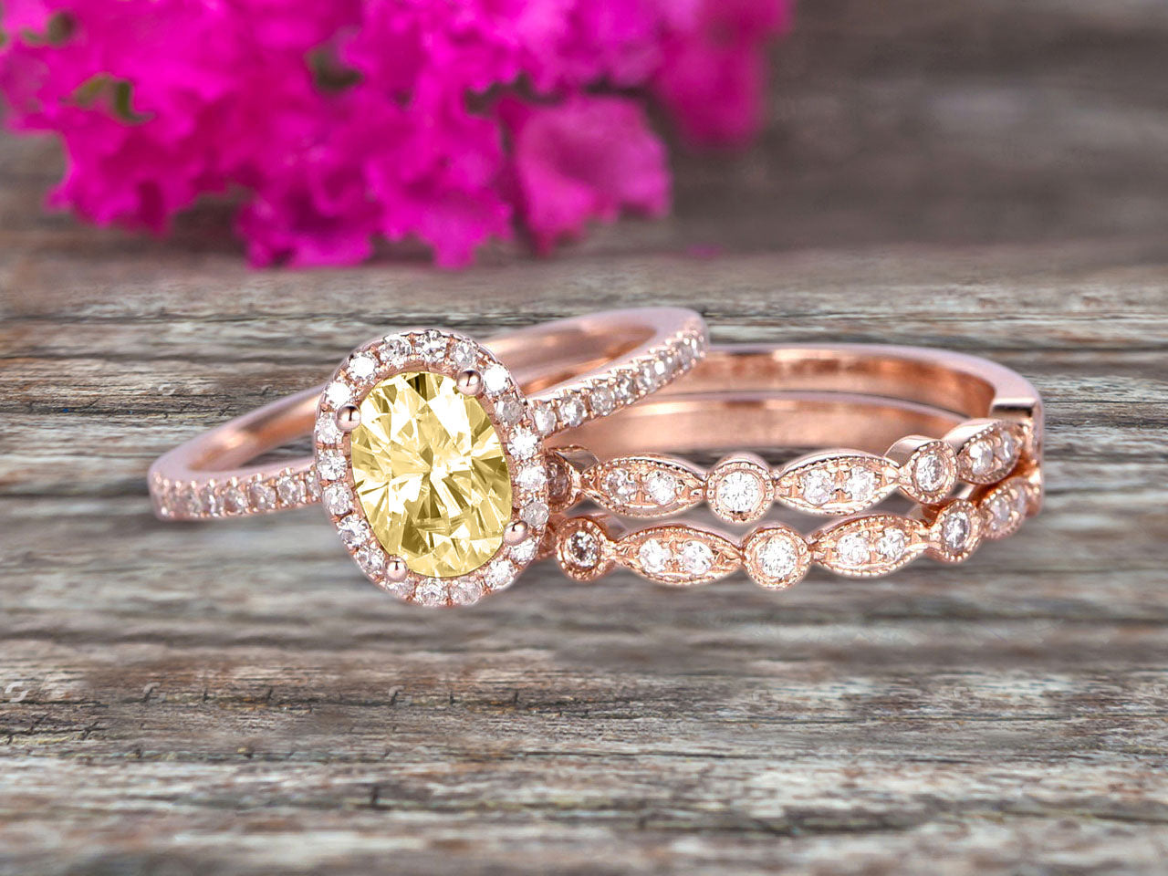 2.00 Carat Oval Champagne Moissanite Engagement Ring & Wedding Band Set in 10K Rose Gold - Art Deco Bridal Jewelry for Proposals, Anniversaries & Special Occasions
