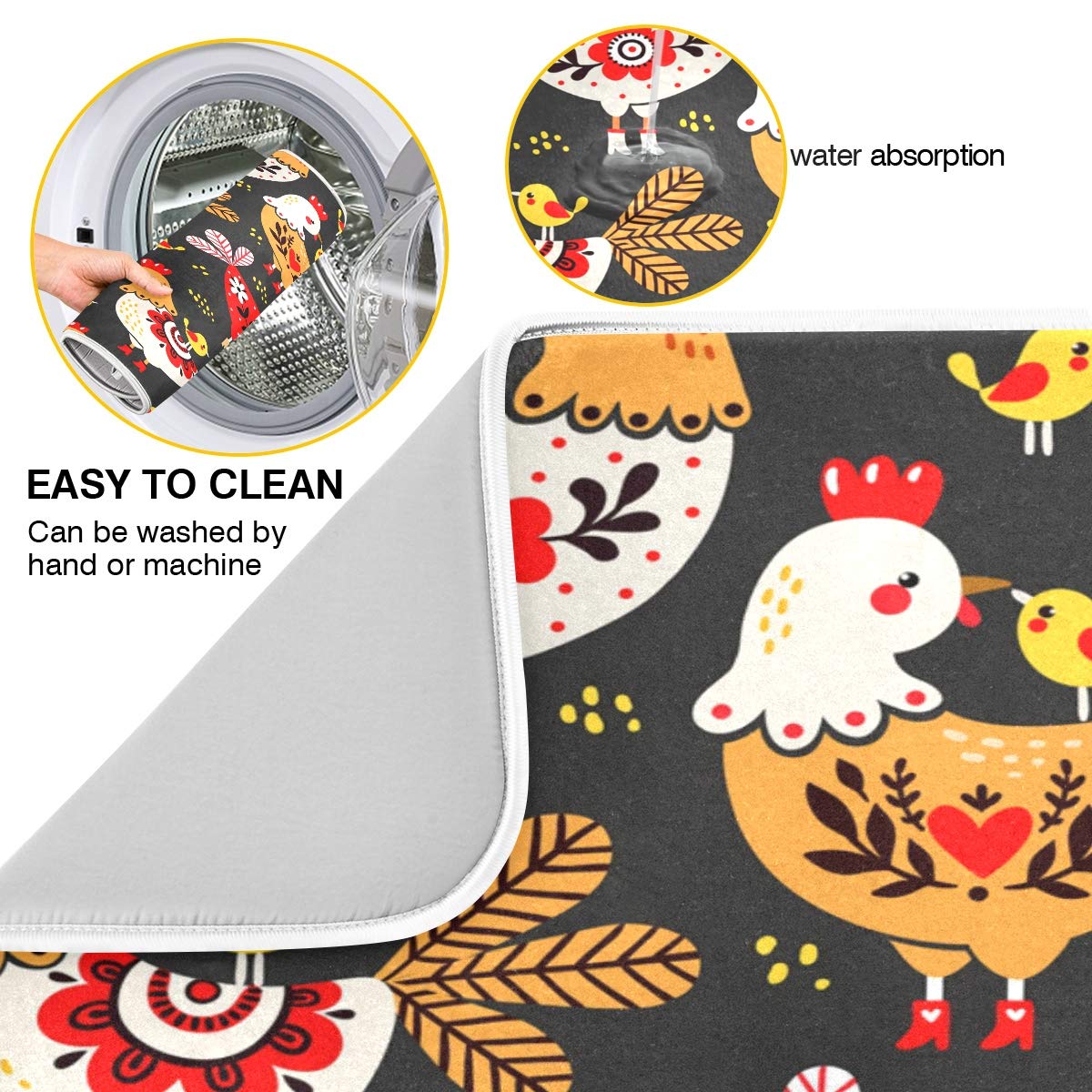 Susiyo Super Absorbent Microfiber Dish Drying Mat - Cute Rooster Chicken Design, Heat-Resistant Kitchen Counter Mat (18x24 Inch) for Drying Dishes, Utensils & Cookware | Perfect for Kitchen Countertops, Sink Areas & Dish Rack Protection