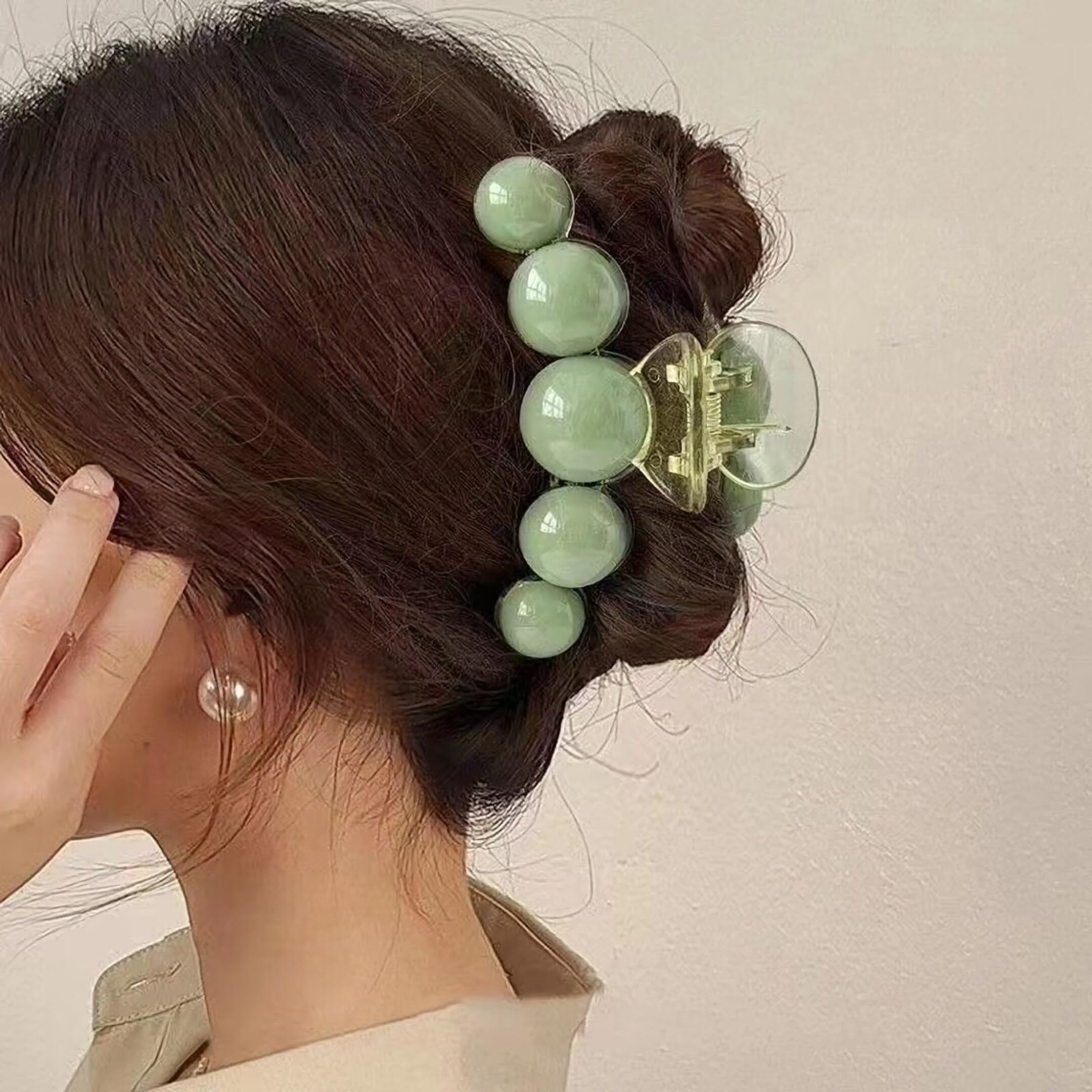 Korean Style Large Hair Claw Clip - RedChimes Thick Hair Clutcher with Green Pearl (2 Pack) | Fashion Hair Accessories for Women & Girls | Perfect for Updos, Ponytails & Everyday Styling