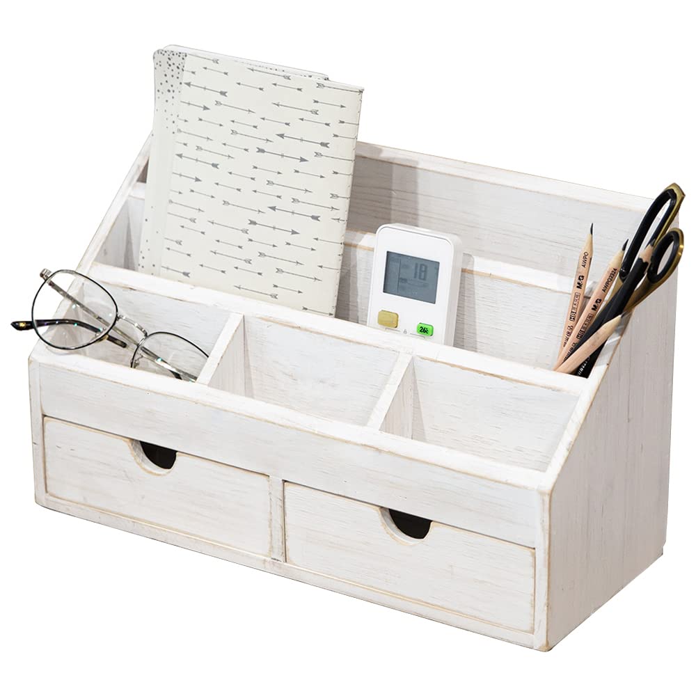 Vintage Wood Desk Organizer with 2 Drawers - Rustic Paper Storage, Mail Holder & File Sorter for Office Supplies (14.5 x 6 x 8.75 Inches, White) | Perfect for Home Office, Study Room & Workspace Organization