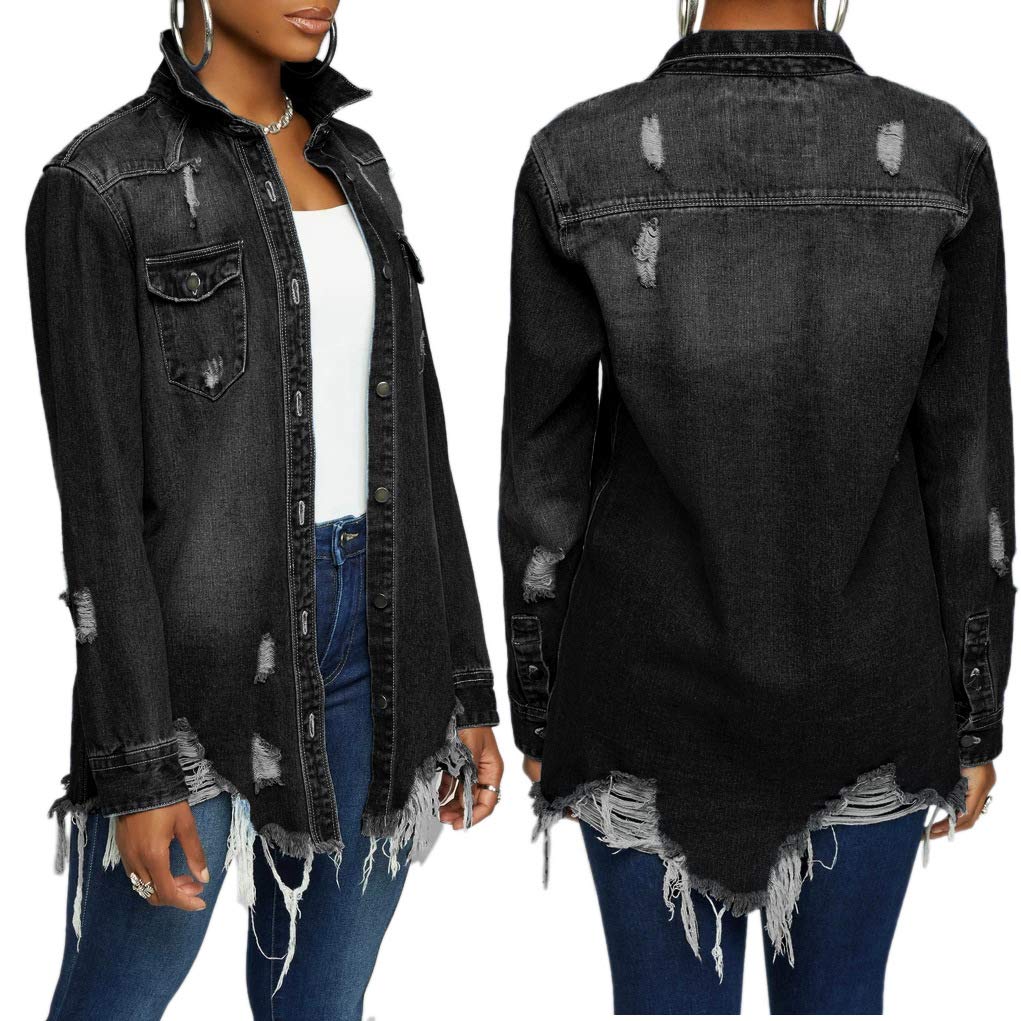 Seyurigaoka Women's Casual Denim Jacket - Long Sleeve Lapel Button Ripped Coat with Pocket | Stylish Outerwear for Everyday Wear, Street Fashion & Layering Outfits